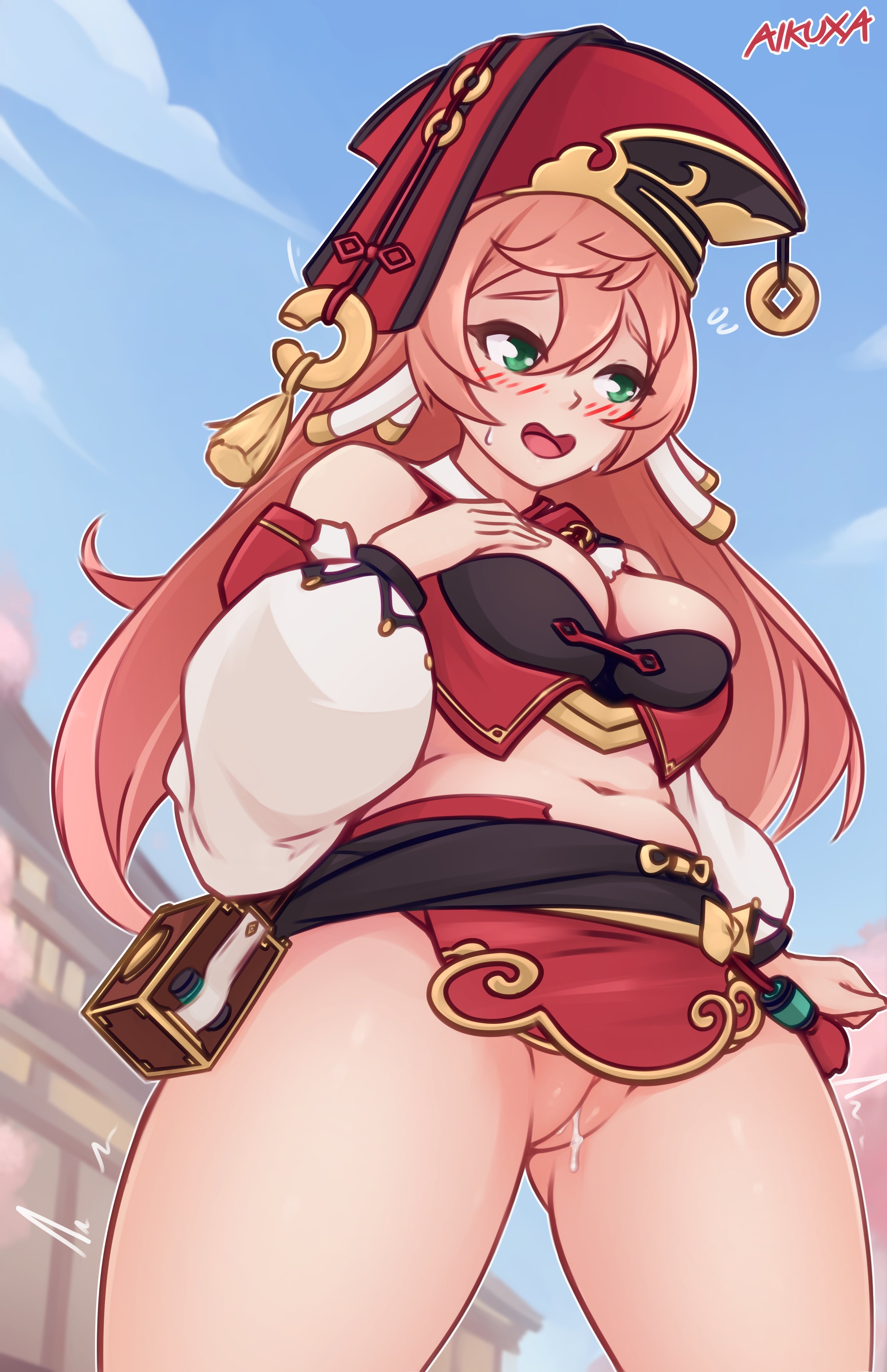 1girls, aikuxa, blush, bottomless, breasts, cleavage, exposed pussy, female, female only, genshin impact, green eyes, hair, hat, headwear, liyue girls, long hair, medium breasts, motion lines, pink hair, public exposure, pussy, sleeves, smile, solo, solo female, sweat, sweatdrop, thighs, vagina, wet, wet pussy, yanfei (genshin impact)