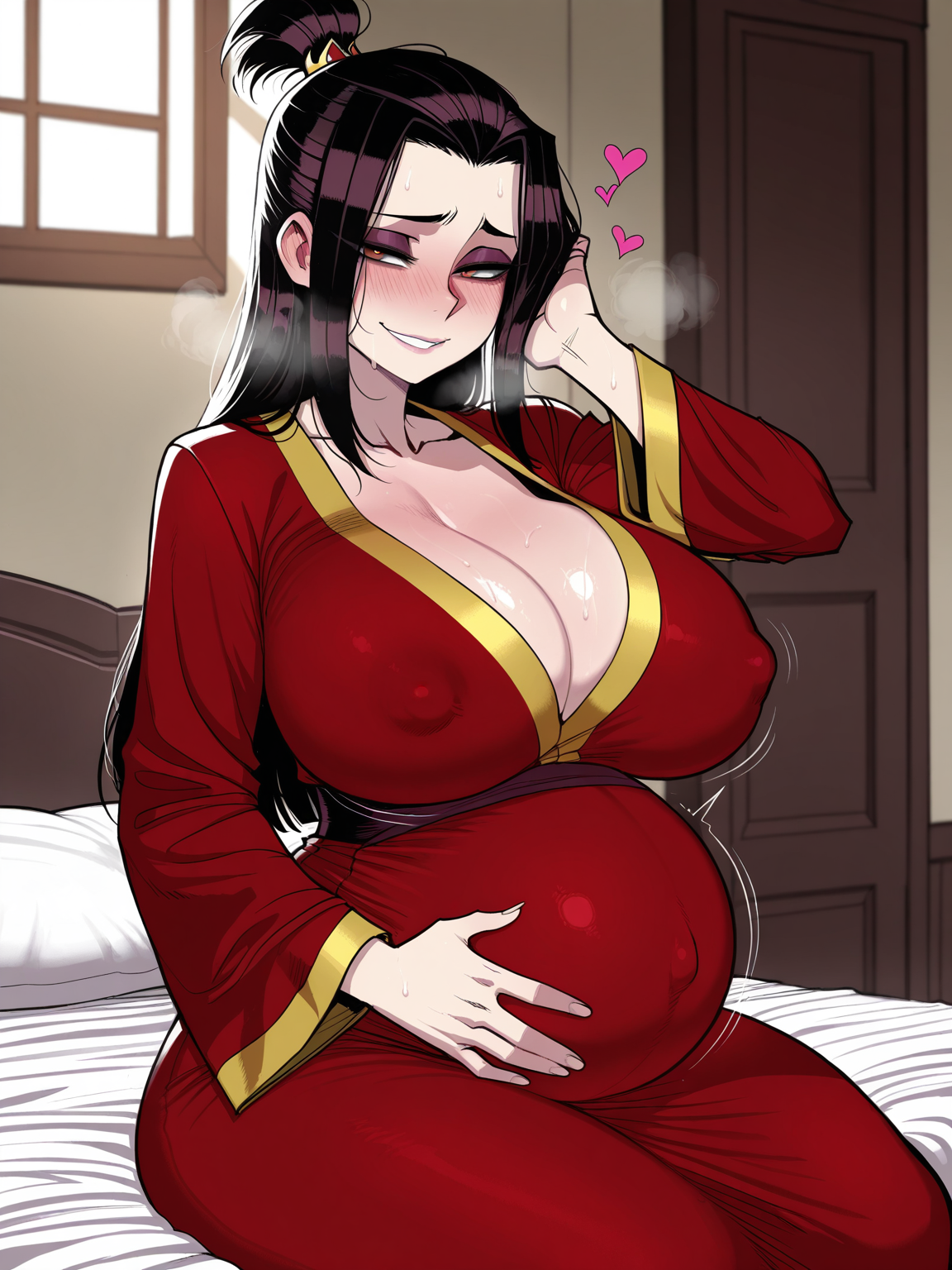11 22, 1girls, ai generated, avatar the last airbender, azula, bedroom, big breasts, black hair, blush, breasts, cleavage, covered nipples, day, embarrassed, female, female only, half-closed eyes, hand on stomach, heart, heavy breathing, huge breasts, large breasts, light-skinned female, long hair, looking at viewer, motion lines, nervous smile, on bed, pregnant, red robe, sitting, smile, solo, sweat, topknot, twitching
