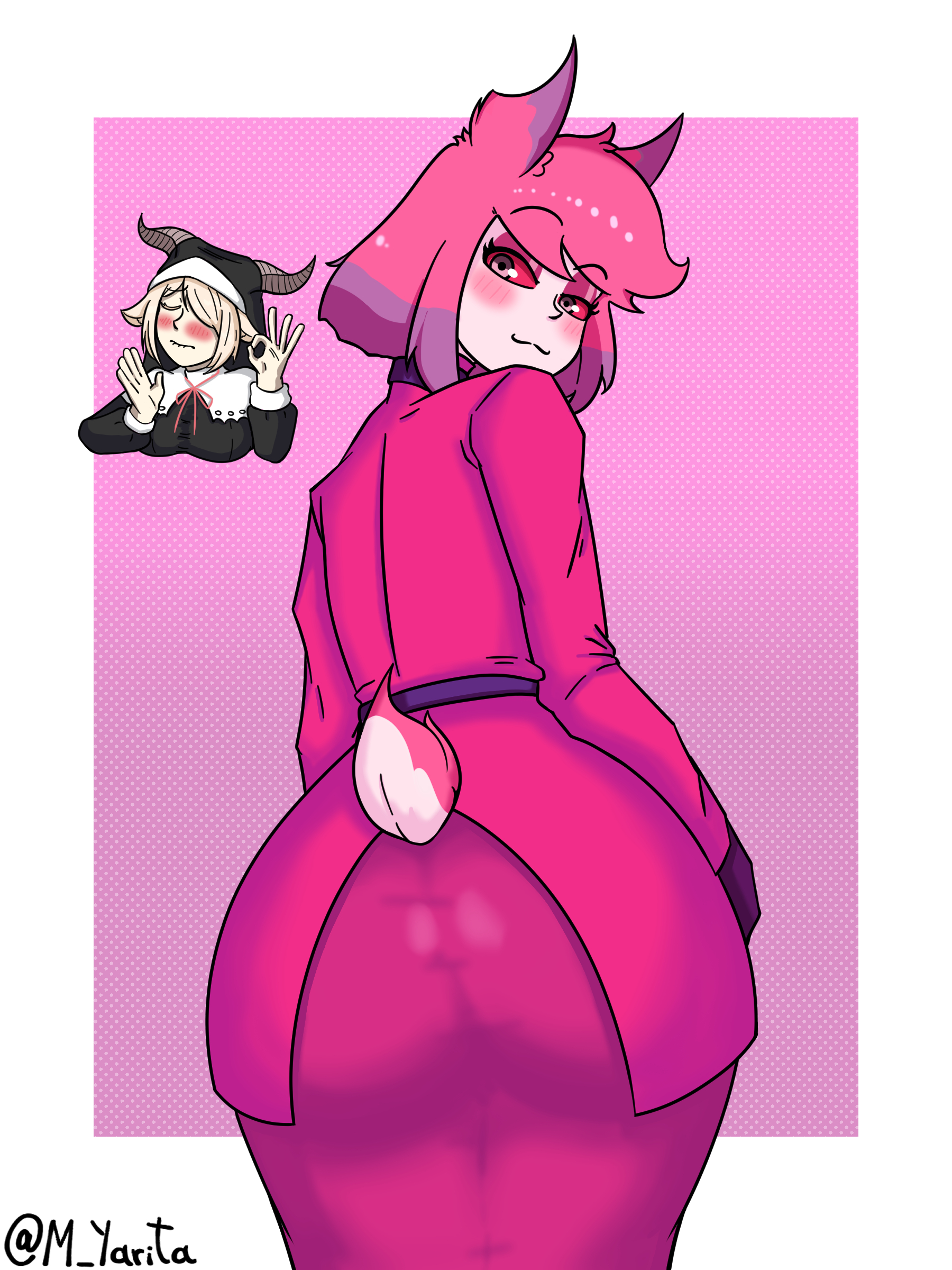 alastor (hazbin hotel), alastoria (hazbin hotel), apps (character), ass, ass focus, female, female alastor, hazbin hotel, m yarita, meme, nun, pink hair, rule 63, skirt, smile, tail, x yarita
