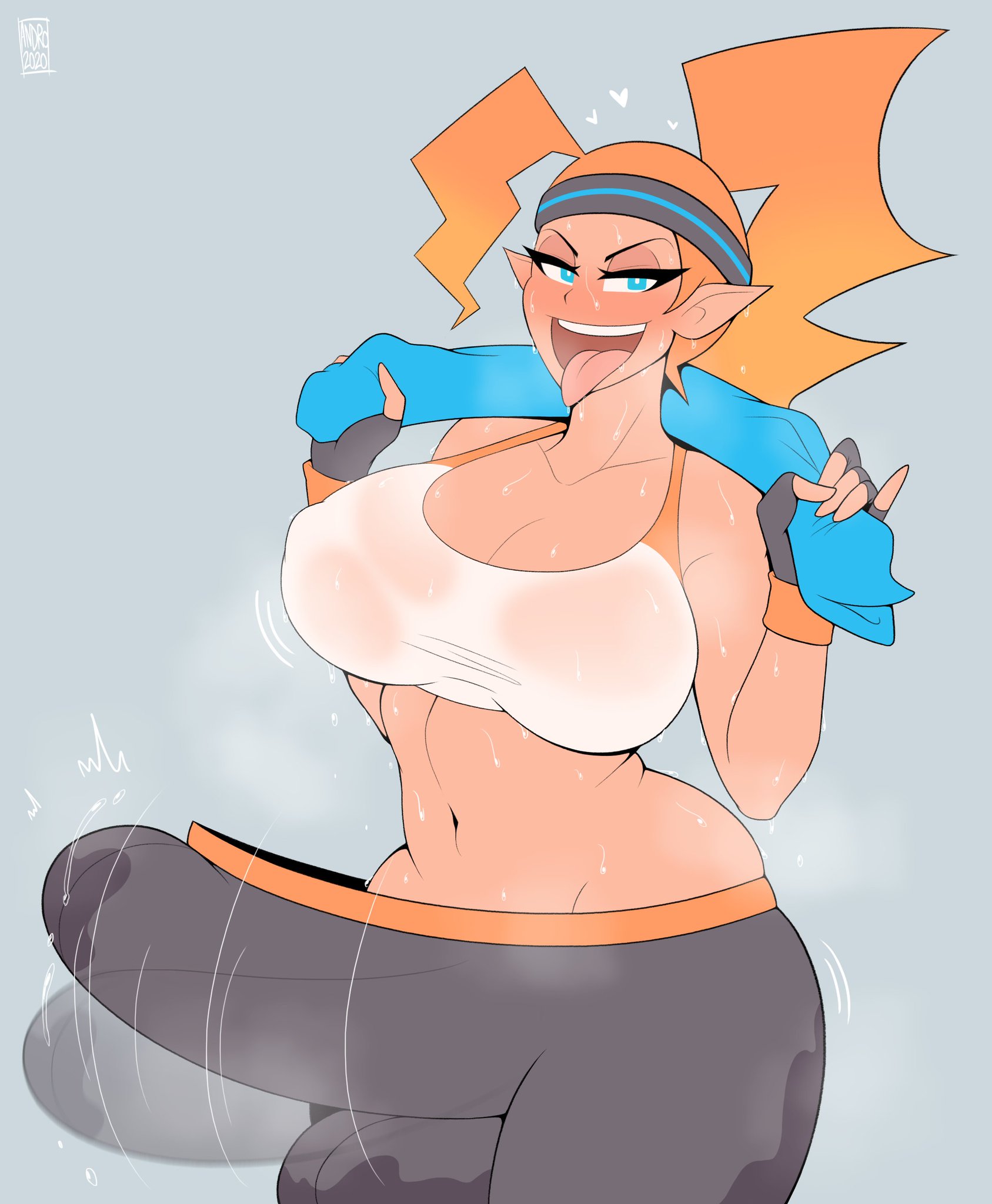 1futa, 2020, abs, androjuniarto, ass, balls, balls bulge, balls under clothes, blue eyes, blush, breasts, bulge, bulge through clothing, cameltail, cleavage, curvy, dark skin, dark-skinned futa, erection, erection under clothes, female, fingerless gloves, futa only, futa sans pussy, futanari, grey background, gym clothes, heart, horny, huge ass, huge breasts, huge cock, hyper, hyper balls, hyper penis, impossible clothes, intersex, looking at viewer, orange hair, penis, penis bulge, penis under clothes, pointy ears, ponytail, precum, precum drip, precum through clothing, ring fit adventure, ring fit trainee (female), see-through top, solo, sports bra, sweat, sweatband, tenting, thick thighs, tongue, tongue out, wet, wide hips, workout clothes, yoga pants