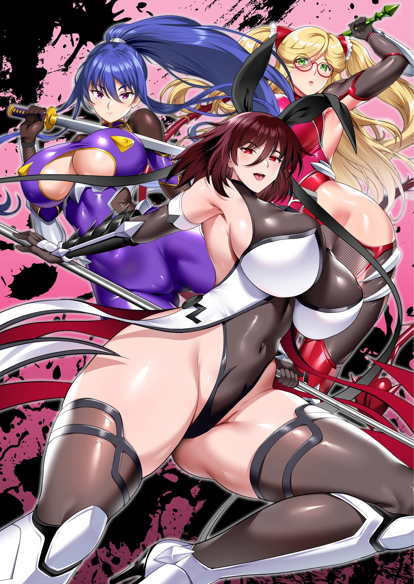 08kenji01, 3girls, akiyama rinko, blonde hair, blue hair, breasts, brown hair, female, female only, green eyes, hozumi kenji, huge breasts, kosaka shizuru, large breasts, light-skinned female, looking at viewer, milf, mizuki shiranui, multiple females, multiple girls, naginata, nipple bulge, ponytail, purple eyes, red eyes, ribbon, sword, taimanin (series), taimanin rpgx, taimanin suit, taimanin yukikaze, tights, twintails, whip