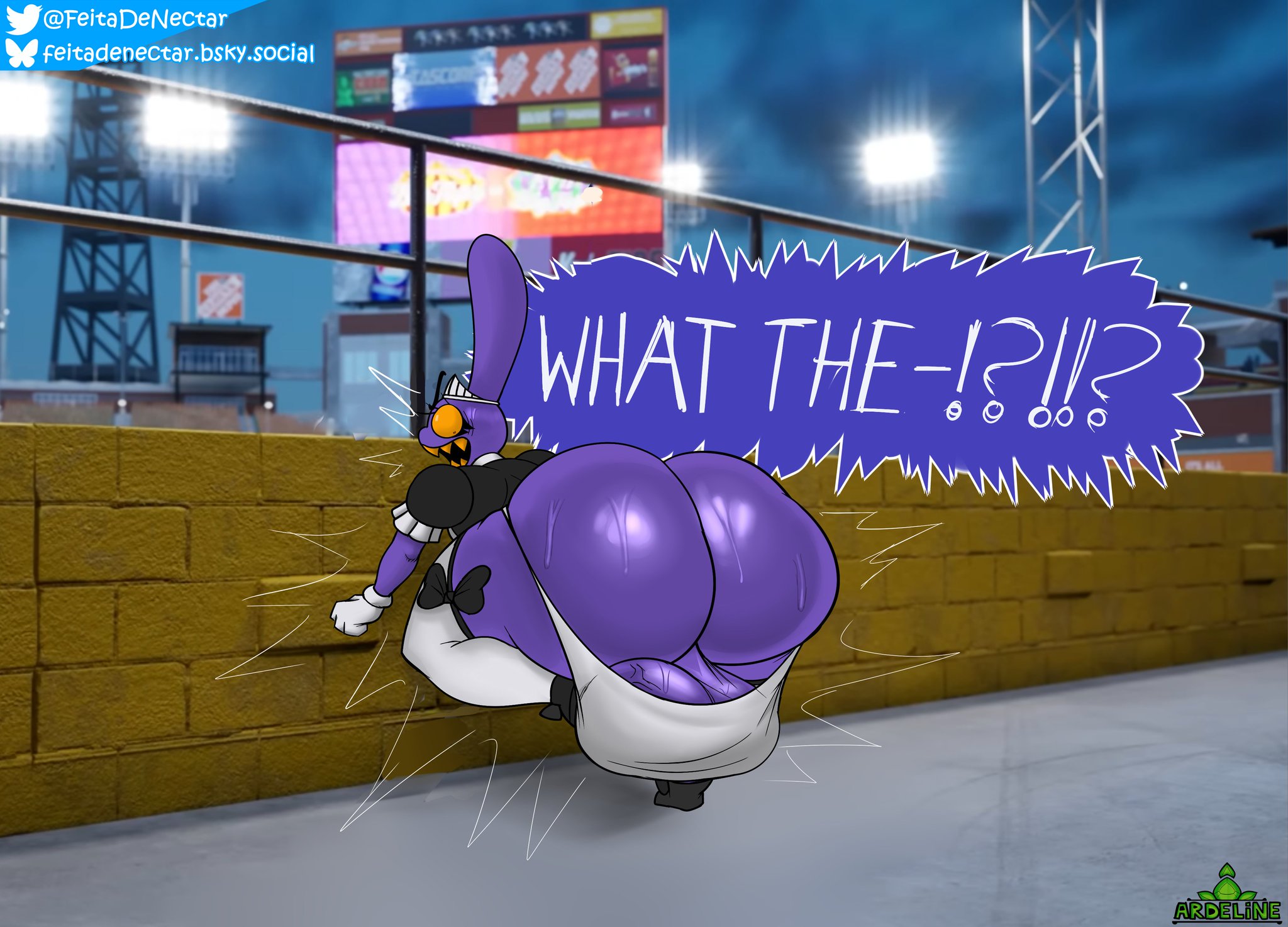 1male, 2d, angry, ass, balls, big ass, big balls, bunny, color, dugout, feitadenectar, femboy, full color, giant ass, gigantic ass, gooseworx, huge ass, huge balls, jax (the amazing digital circus), maid jax (the amazing digital circus), maid outfit, male, male only, massive ass, purple body, rabbit, solo, speech bubble, surprised, text, text bubble, the amazing digital circus, white text