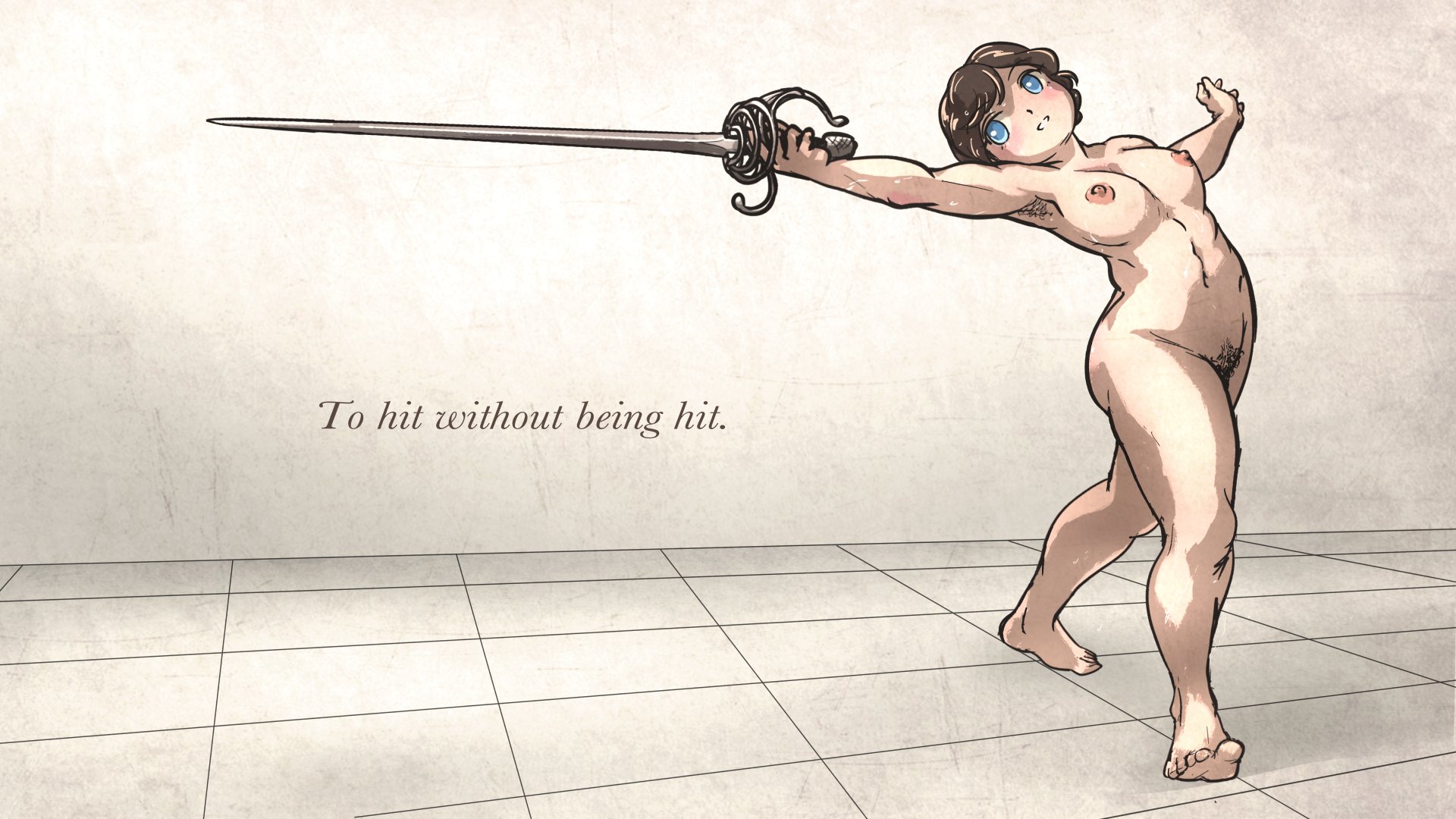 1girls, armpit hair, ass, barefoot, blue eyes, breasts, brown hair, completely nude, female, holding sword, holding weapon, instructor waifu, ironlily, nipples, nude, original, pubic hair, rapier, short hair, sword, toned, toned female, weapon