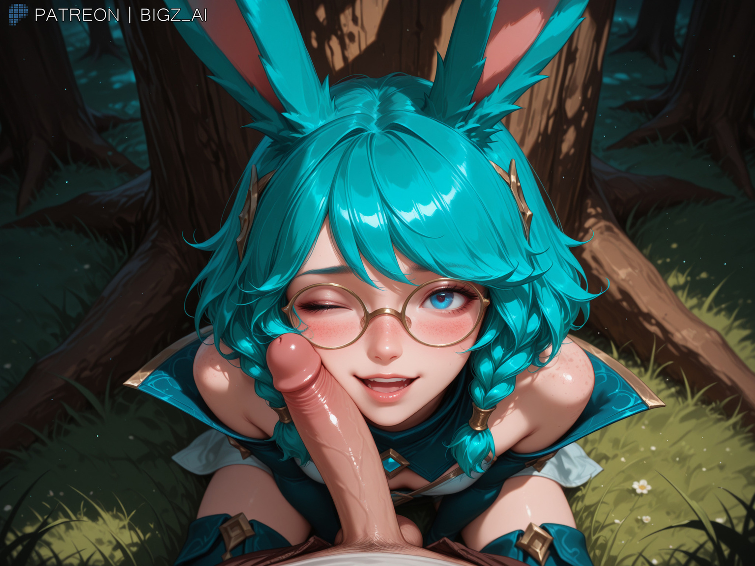 1boy, 1girls, absurd res, ai generated, animal ears, artist name, aurora (league of legends), before sex, big breasts, big penis, bigz ai, blue eyes, blue hair, blush, breasts, bunny ears, bunny girl, curvy, curvy figure, female, glass, highres, huge cock, large penis, league of legends, light skin, light-skinned female, looking at viewer, male, medium breasts, outdoors, penis, penis awe, penis on face, penis out, plant, pov, rabbit, rabbit ears, rabbit girl, riot games, sex, sitting, smile, straight, tree, video games, wide hips