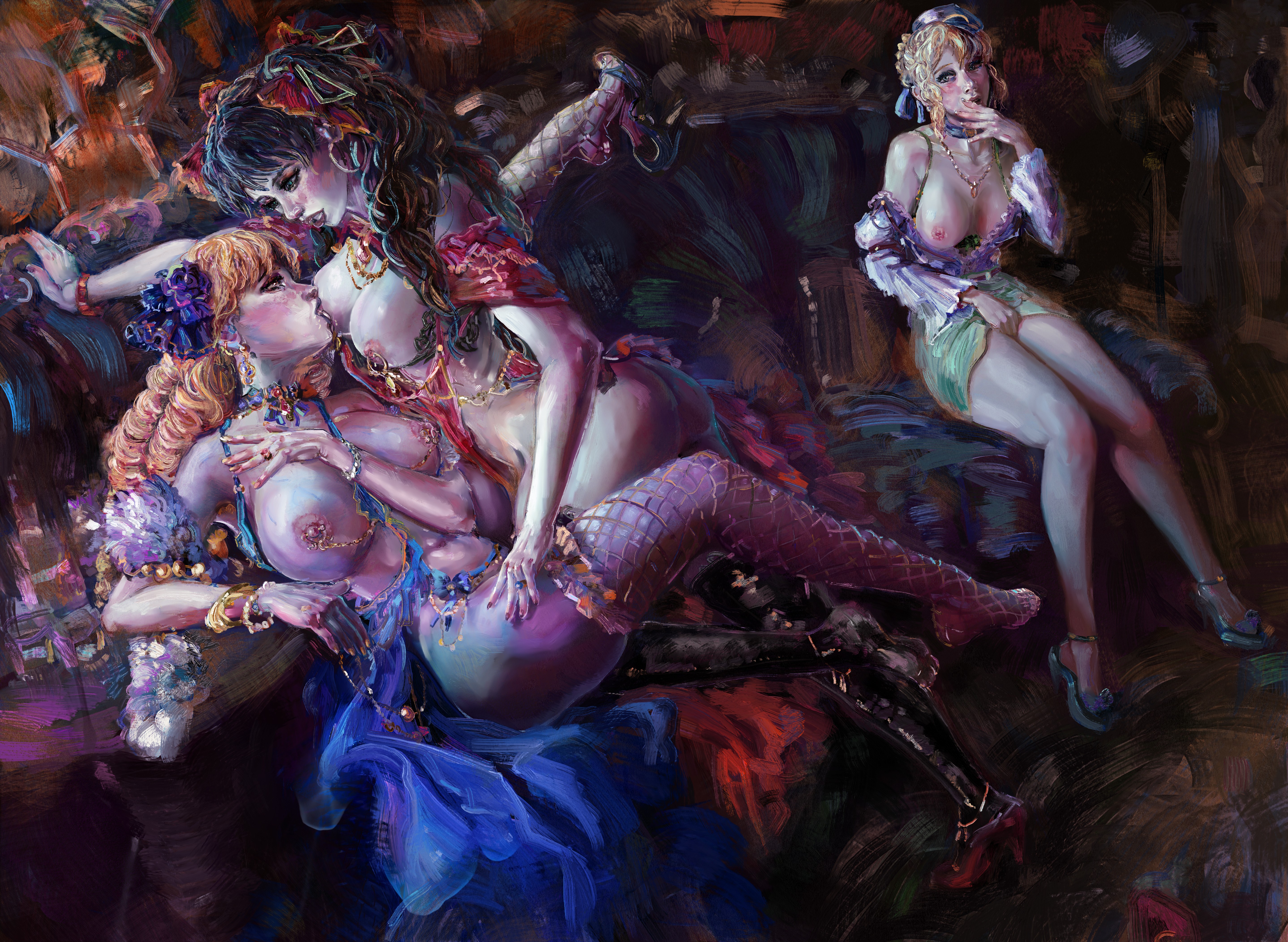 2d, 2d (artwork), 3girls, areolae, artoria pendragon, ass, big breasts, blonde hair, blonde-haired female, breasts, breasts out, dress down, fate (series), fate/stay night, female, female on female, fishnet legwear, fishnets, high heels, jewelry, luviagelita edelfelt, mightyhonk, nipples, pierced nipples, sucking breast, sucking nipple, tagme, tohsaka rin, watercolor (artwork), yuri