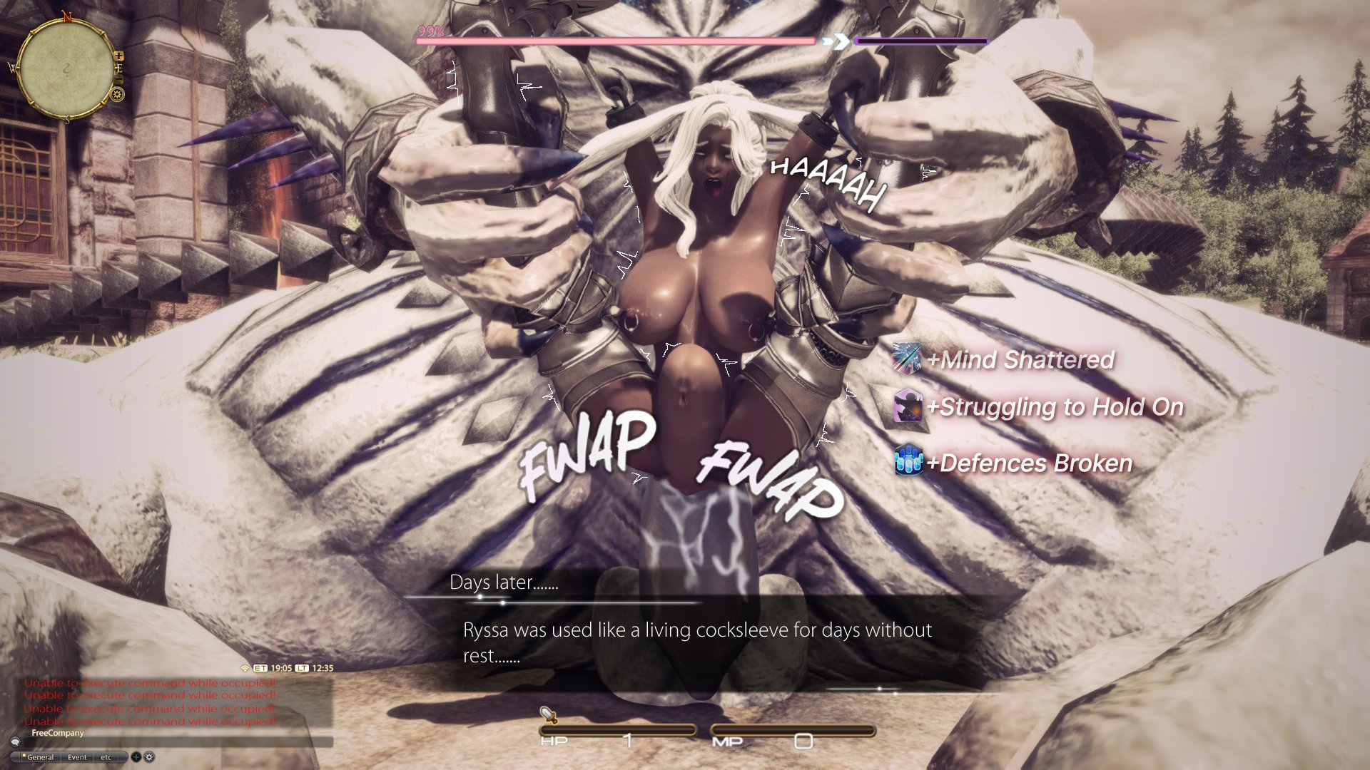 amputee, anonorenk, bad end, cum, dark-skinned female, defeated, defeated heroine, excessive cum, female, final fantasy xiv, gameplay mechanics, gpose (ffxiv), helpless, living cock sleeve, living sex toy, male, monster, monster cock, monster on female, monster rape, penis, rape, raped, raped by enemy, raped by monster, sin eater, tagme, viera