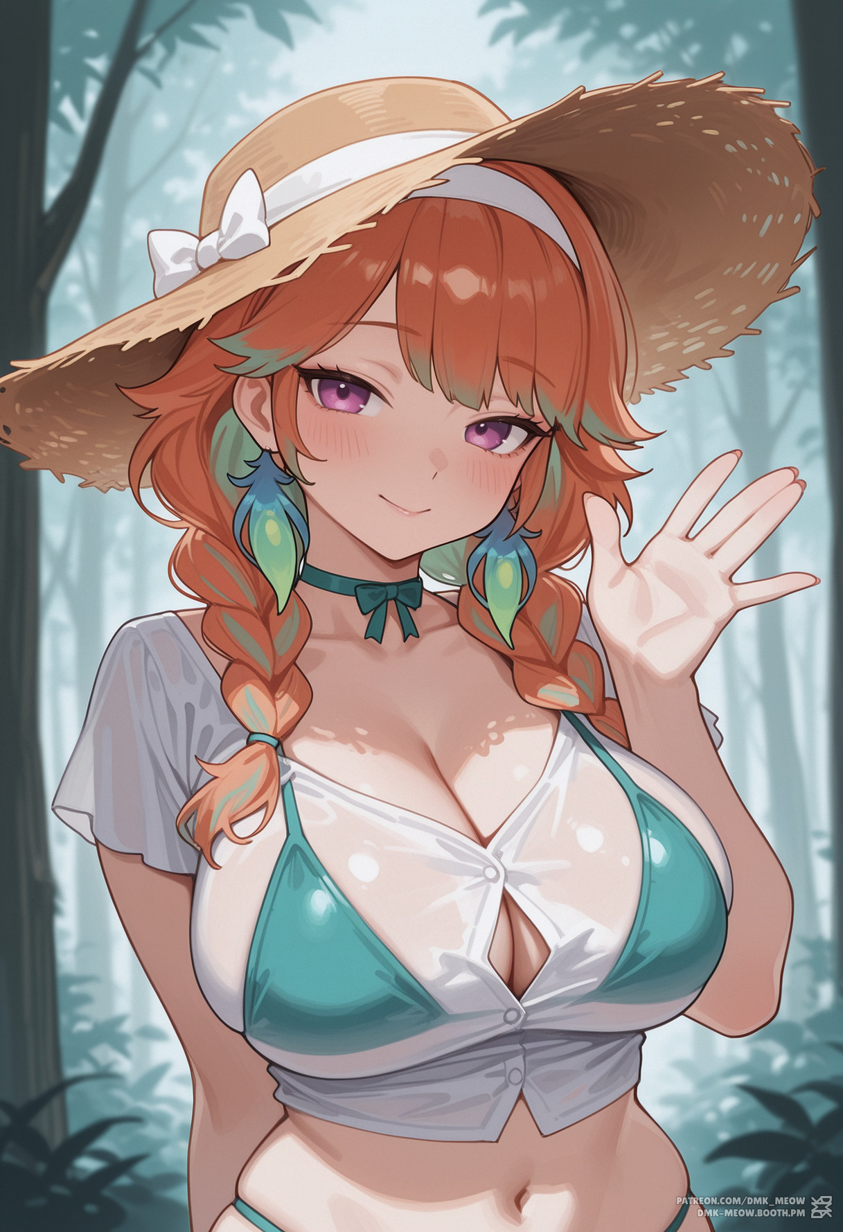 ai generated, arm behind back, bikini, bikini under clothes, blush, bow, braid, breasts, brown headwear, bursting breasts, choker, cleavage, closed mouth, clothing, collarbone, crop top, dmk meow, earrings, feather earrings, feathers, female, forest, gradient hair, green bikini, green choker, green hair, hairband, hand up, hat, headwear, hololive, hololive english, hololive myth, huge breasts, jewelry, large breasts, long hair, looking at viewer, midriff, multicolored hair, nature, navel, open hand, orange hair, outdoors, purple eyes, see-through, see-through shirt, shirt, short sleeves, smile, solo, stomach, straw hat, swimsuit, takanashi kiara, takanashi kiara (casual), takanashi kiara ch., tree, twin braids, two-tone hair, upper body, virtual youtuber, waving, white hairband, white shirt