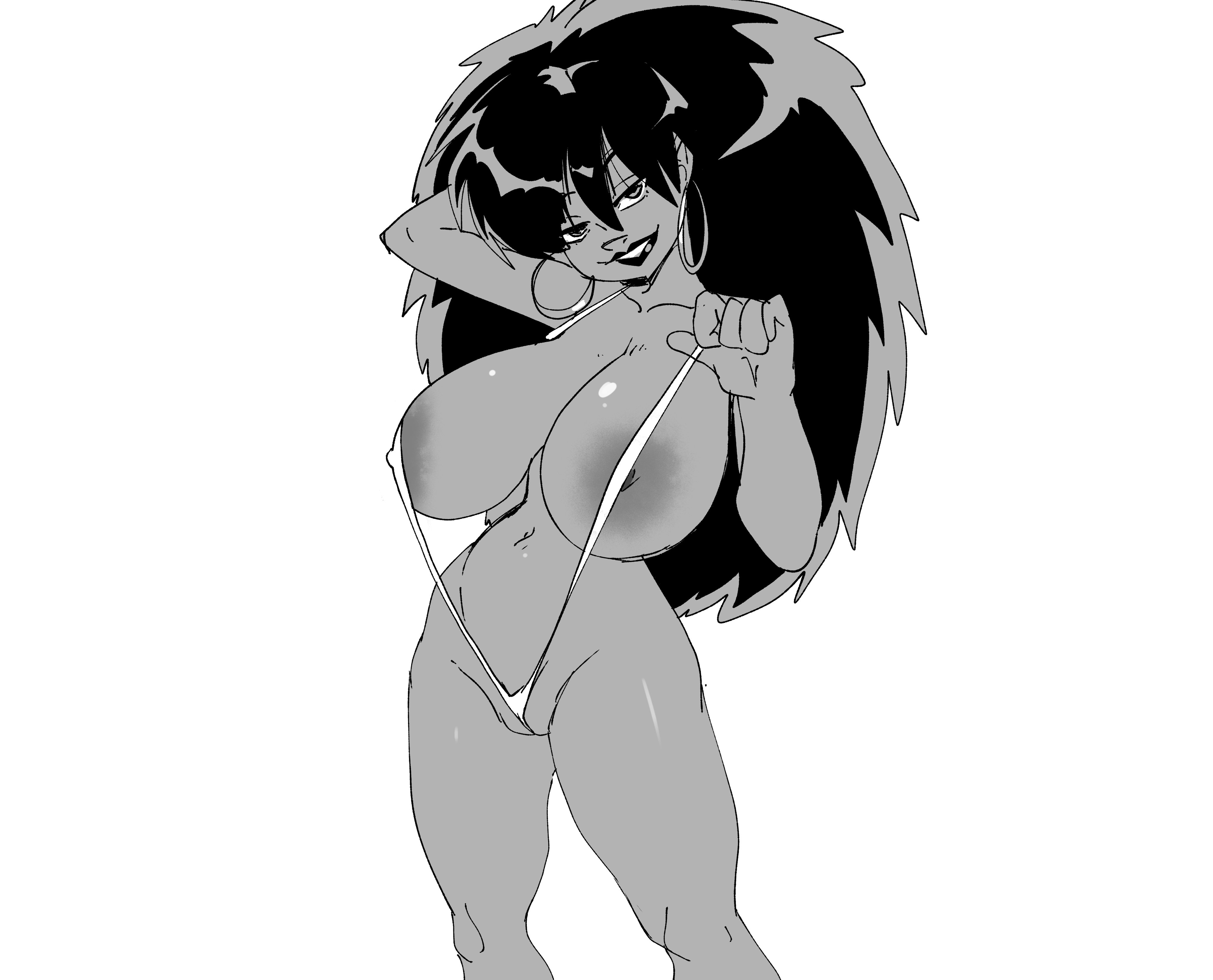 1girls, 2025, absurd res, areolae, arm up, bedroom eyes, belly button, between labia, big breasts, bikini, bikini pull, black and white, black hair, body bags, breasts, busty, cleavage, clothes pull, clothing, coolerinker, dark horse, dark skin, dark-skinned female, earrings, feet out of frame, female, front view, genitals, greyscale, grin, hair, hand behind head, hi res, hoop earrings, huge breasts, human, ineffective clothing, inker comics, inkershike, labia, large areolae, large breasts, latina, long hair, looking at viewer, monochrome, navel, nipple bulge, nipples, one arm up, panda delgado, pose, posing, pussy, raised arm, seductive, seductive eyes, seductive look, seductive pose, seductive smile, simple background, sling bikini, smile, smiling, smiling at viewer, solo, standing, stomach, swimsuit, teeth, thighs, top heavy, vulva