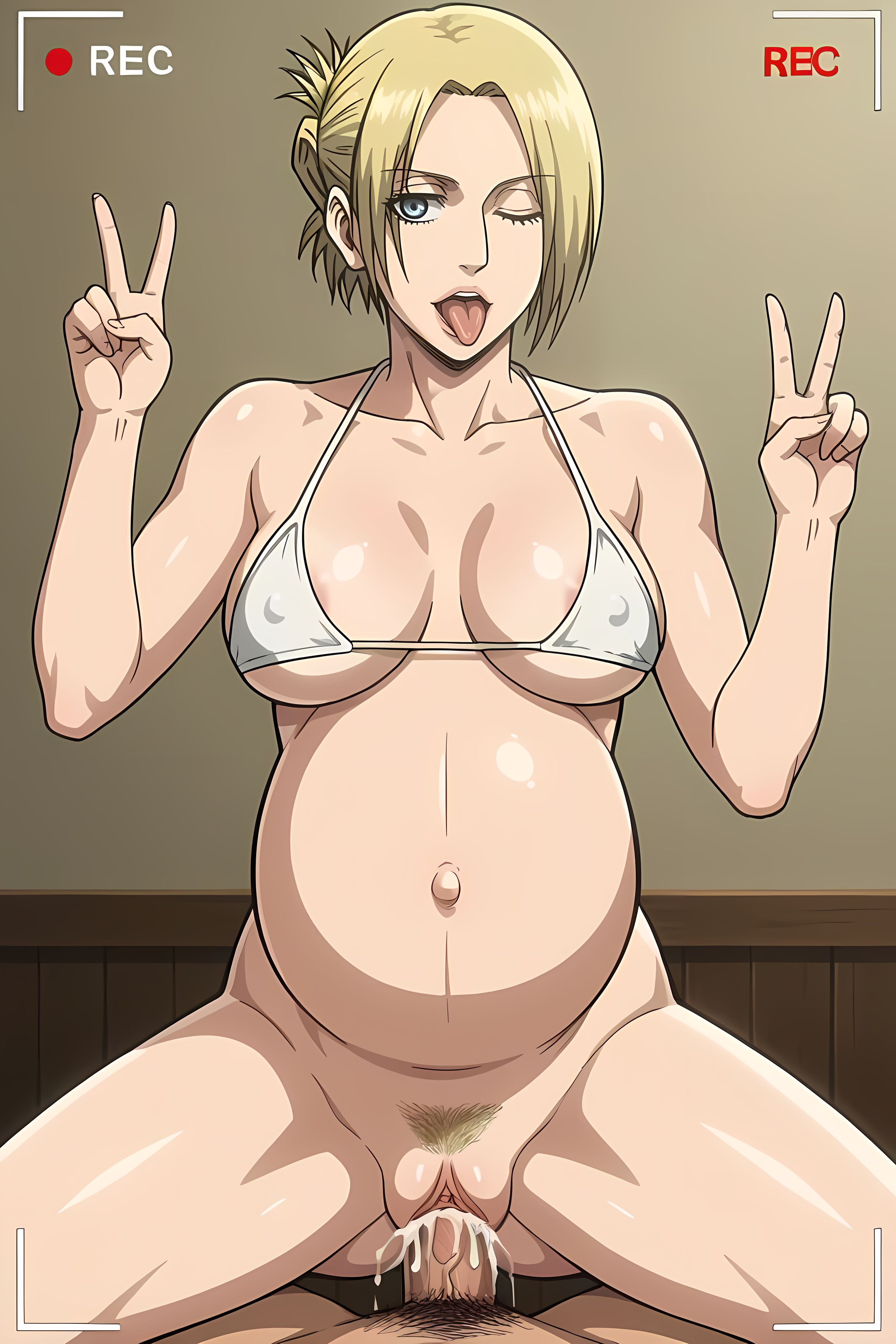 ai generated, annie leonhardt, attack on titan, big breasts, blonde hair, bra, breasts, camera, cowgirl position, cum, cum in pussy, female, hairy pussy, male, nova30, peace sign, penis, pinku.ai, pinkuai, pregnant, pregnant belly, pregnant sex, pussy, riding, shingeki no kyojin, tongue out, white bra, winking at viewer