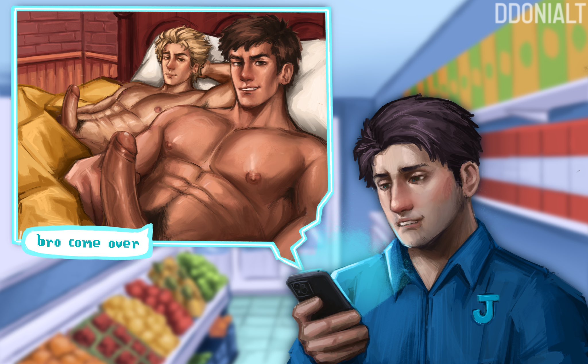 3boys, alex mullner, ddonialt, gay, laying on bed, male, male only, masculine, multiple boys, multiple males, muscular, muscular male, sam (stardew valley), shane (stardew valley), stardew valley, text, working