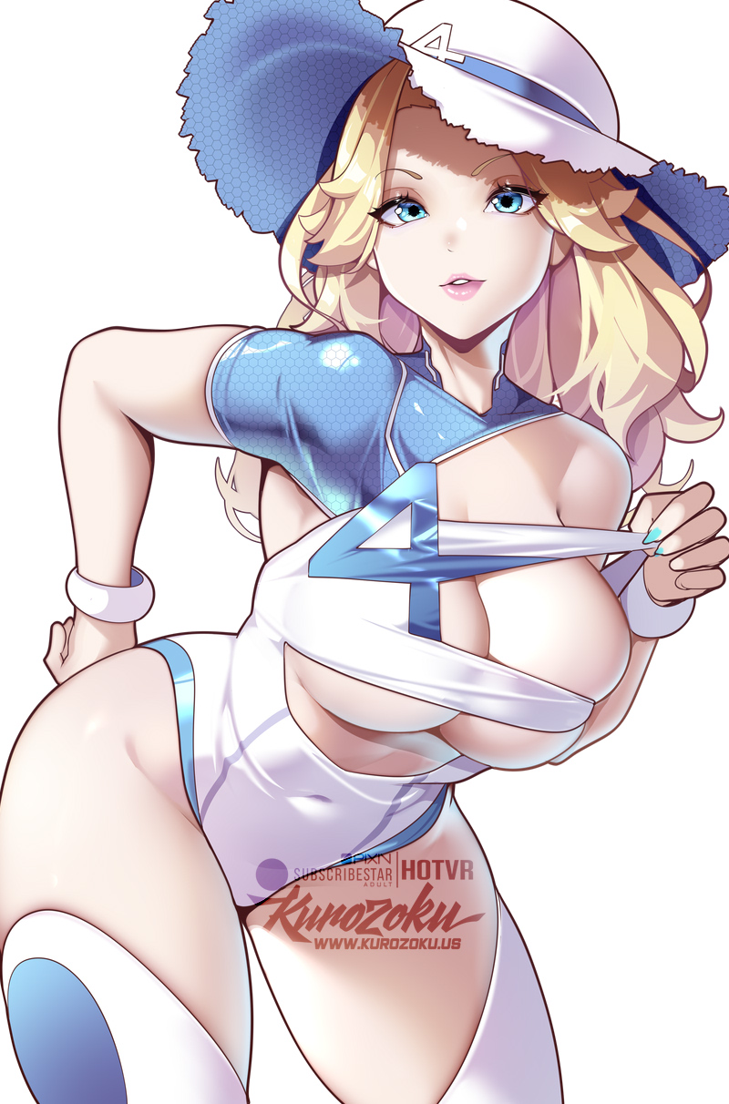 1girls, blonde hair, breasts, cleavage, clothing cutout, fantastic four, female, female focus, female only, hotvr, invisible woman, invisible woman (marvel rivals), large breasts, light skin, light-skinned female, looking at viewer, marvel, marvel comics, nail polish, one-piece swimsuit, painted fingernails, painted nails, revealing clothes, skimpy clothes, solo, sue richards, sue storm, superheroine, swimsuit, thick thighs, thighs, tight clothing, white background, wide hips