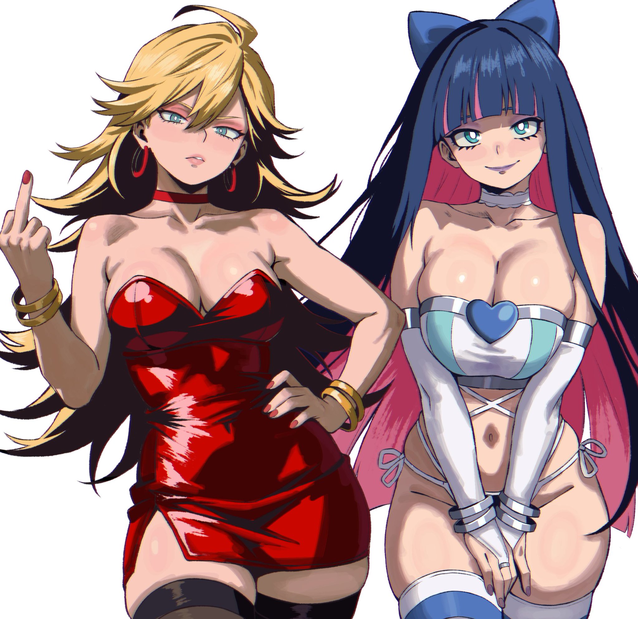 2girls, bare arms, bare legs, bare shoulders, bare thighs, big breasts, blonde hair, blue eyes, blush, blushing, breast size difference, breasts, choker, cleavage, clothed, clothing, collar, color, earrings, enji masterpie, female, female focus, female only, hair ornament, hi res, hourglass figure, huge breasts, jewelry, large breasts, light skin, light-skinned female, long hair, looking at viewer, medium breasts, middle finger, multicolored hair, multiple girls, navel, painted nails, panties, panty & stocking with garterbelt, panty anarchy, pink hair, purple hair, siblings, sisters, solo female, standing, stocking anarchy, stockings, tagme, thick, thick thighs, thighhighs, thighs, tight clothing, white hair, wide hips