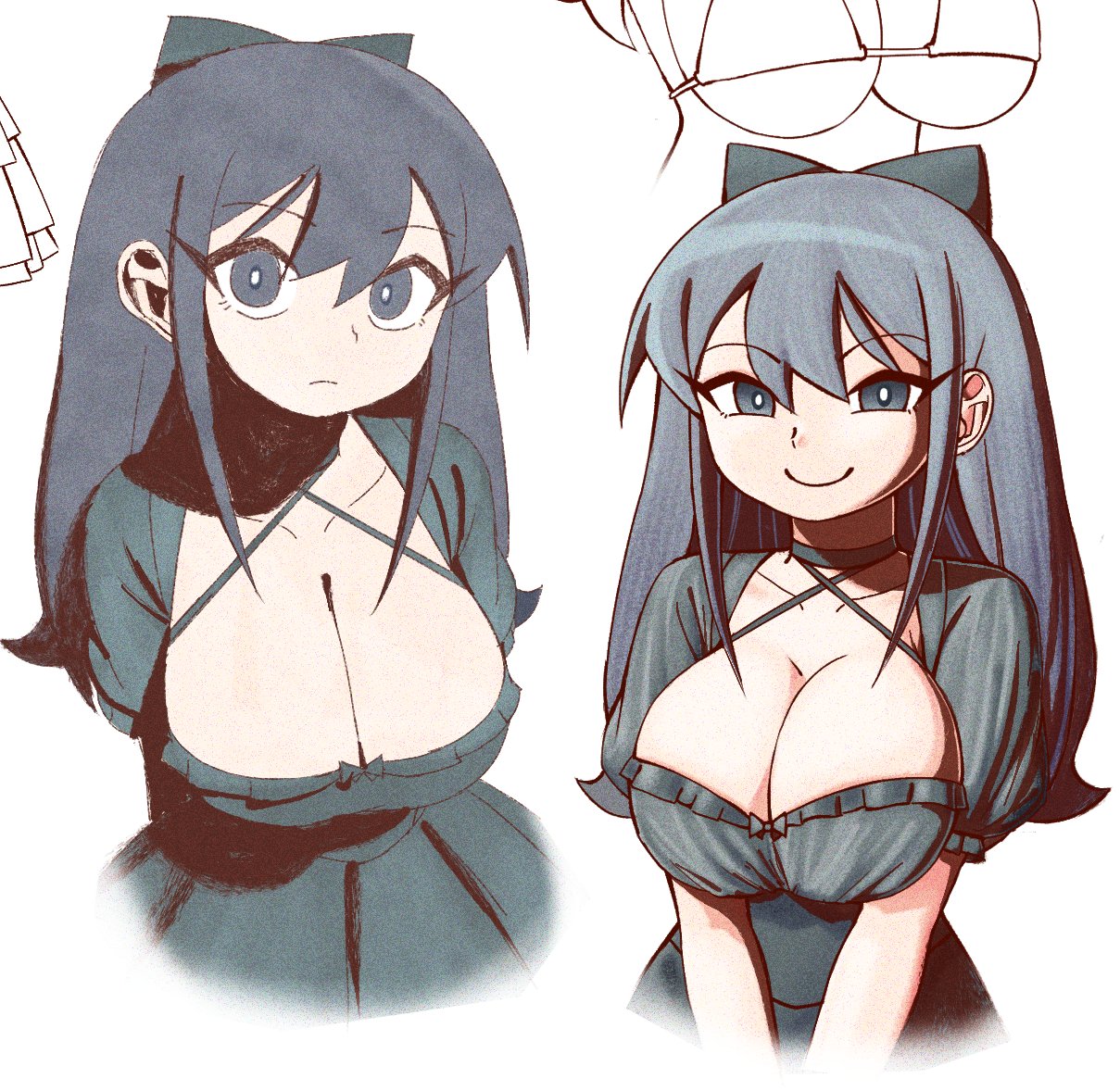 1girls, big breasts, black dress, black hair, breast press, breasts, brownish hare, cleavage, clothed female, dress, female, looking at viewer, not porn, sfw, solo, veronica (brownish hare)