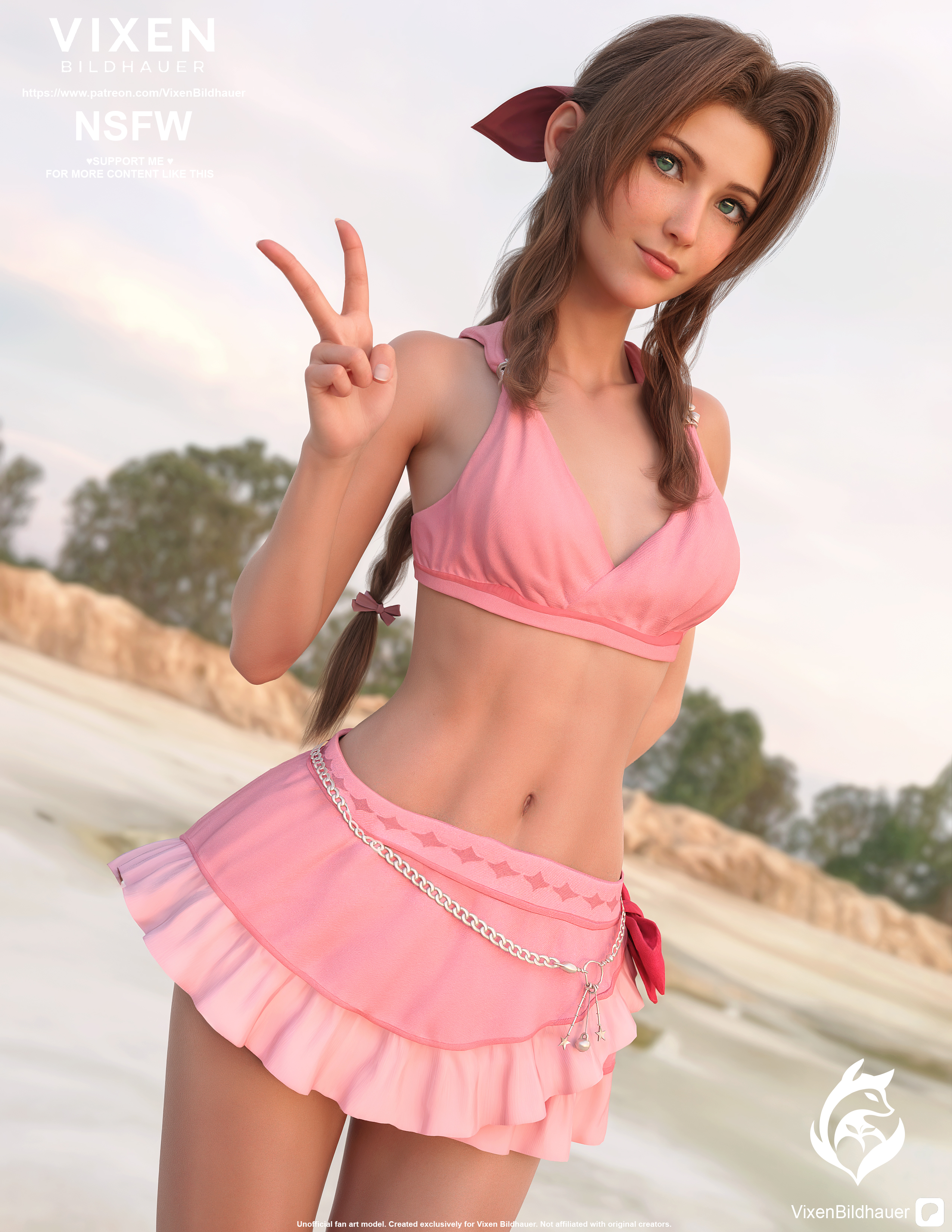 aerith gainsborough, aerith gainsborough (floral delight), aerith gainsborough (pink mermaid), beach, bikini, bikini skirt, blonde female, blonde hair, breasts, cute, cute face, female, final fantasy, final fantasy vii, final fantasy vii rebirth, final fantasy vii remake, green eyes, petite, petite body, petite breasts, petite female, petite tits, pink nipples, pink skin, vixen bildhauer