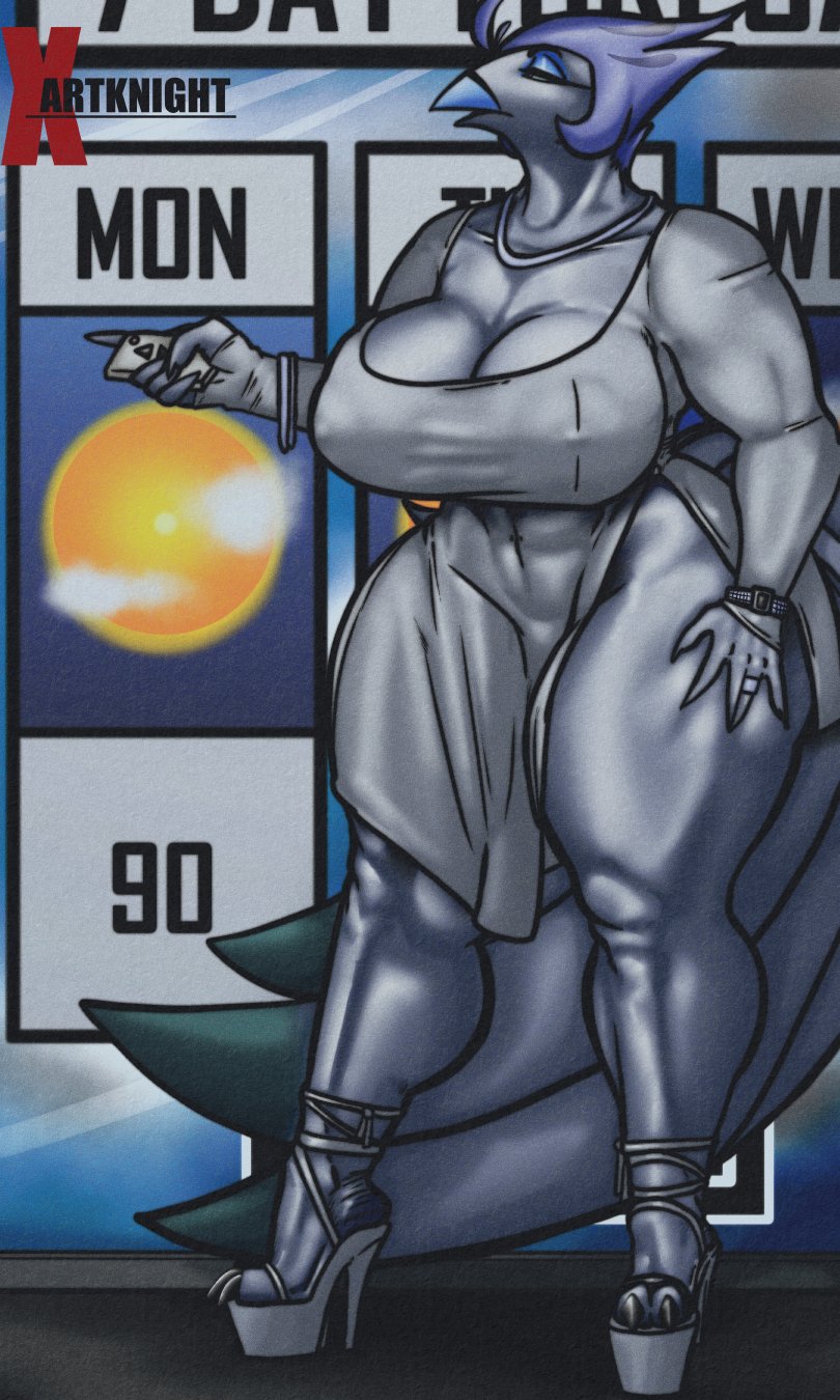 2 toes, 2025, 5 fingers, andrealphus (helluva boss), areola, areolae, areolae visible through clothing, artist logo, artist name, avian, avian demon, beak, big areola, big breasts, big thighs, bird, blue hair, boots, breasts, claws, clothed, clothing, demon, detailed background, dress, dress shirt, feathers, female, female andrealphus, female anthro, furry, furry female, hair, heels, helluva boss, high heel boots, high heels, huge breasts, huge thighs, jewelry, makeup, mature, mature anthro, mature female, milf, muscular, muscular anthro, muscular female, nipples visible through clothing, owl, owl demon, plantigrade, ring, rule 63, shoes, solo, solo female, thick thighs, thighhighs, thighs, toe claws, toes, tv, white body, white dress, white feathers, xartknight