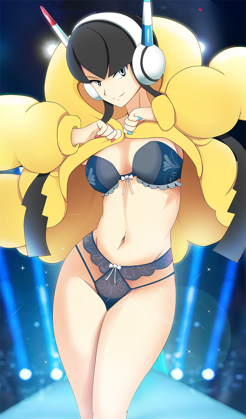 1girls, abs, alternate hair color, alternate outfit, ass, black hair, blue background, blue eyes, blue nails, bra, cleavage, coat, elesa (pokemon bw2), elesa (pokemon), female, female only, game freak, gym leader, hair ornament, headphones, highres, human, human only, jacket, lingerie, long hair, midriff, nail polish, nintendo, panties, pokemon, pokemon bw2, pose, red nails, smile, solo, stage, thick thighs, twintails, underwear, vivivoovoo, wide hips
