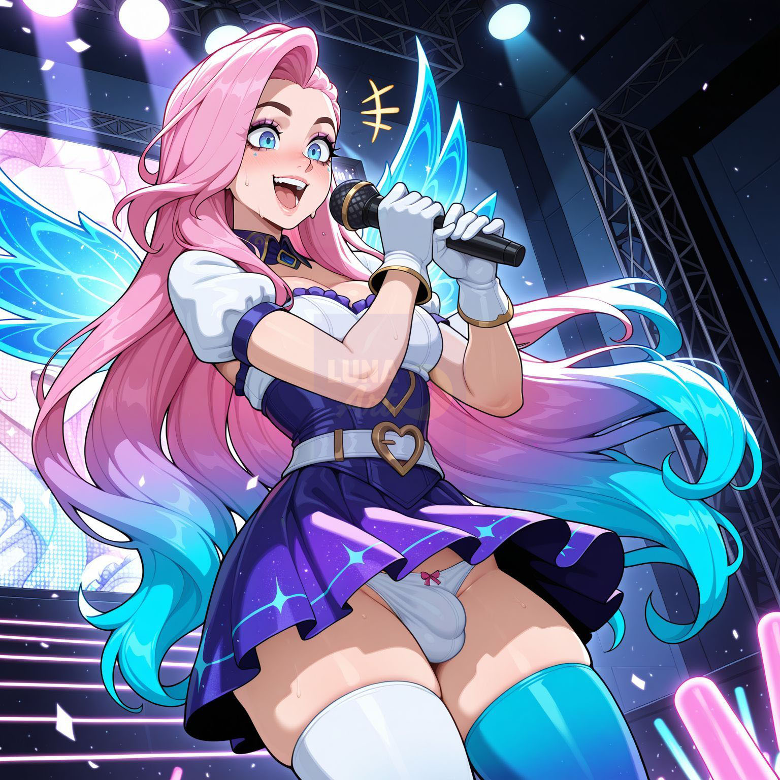 :d, 1girls, ai generated, asymmetrical legwear, balls, belt, blue eyes, blue hair, blue thighhighs, blush, bow, bow panties, breasts, bulge, clothing, detached collar, dress, female, futanari, gloves, glowstick, gradient hair, holding, holding microphone, idol, intersex, large breasts, league of legends, legwear, long hair, lunaart, medium breasts, microphone, mismatched legwear, multicolored hair, open mouth, panties, pantsu, pink hair, puffy short sleeves, puffy sleeves, purple skirt, riot games, seraphine (league of legends), short sleeves, skindentation, skirt, smile, solo, stage, stage lights, sweat, teeth, testicles, thighhighs, underwear, upper teeth only, white belt, white gloves, white panties, white thighhighs, wings