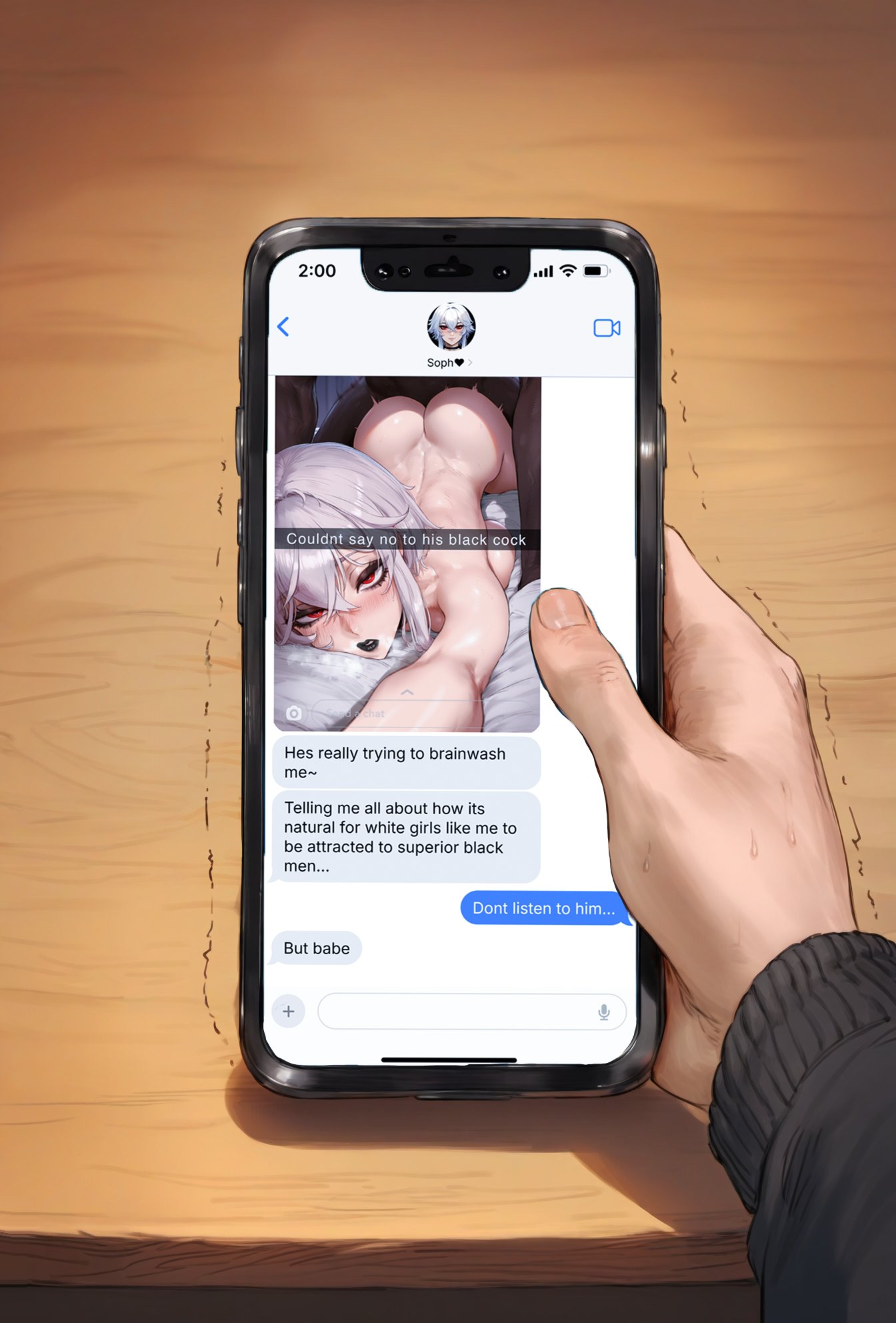 1girls, 2025, 2boys, 2d, ai generated, aipotions, breasts, cheating, cucked by bully, cuckold, cuckold pov, dark skin, dark-skinned male, domination caption, english text, female, femdom, femsub, from behind, generic dark-skinned-muscular male, human, interracial, large breasts, male, maledom, muscular, netorare, ntr, pov, raceplay, selfie, sophia (aipotions), tagme, teasing, teasing cuck, teasing cuck with phone, teasing cuck with snap, teasing cuck with text, text