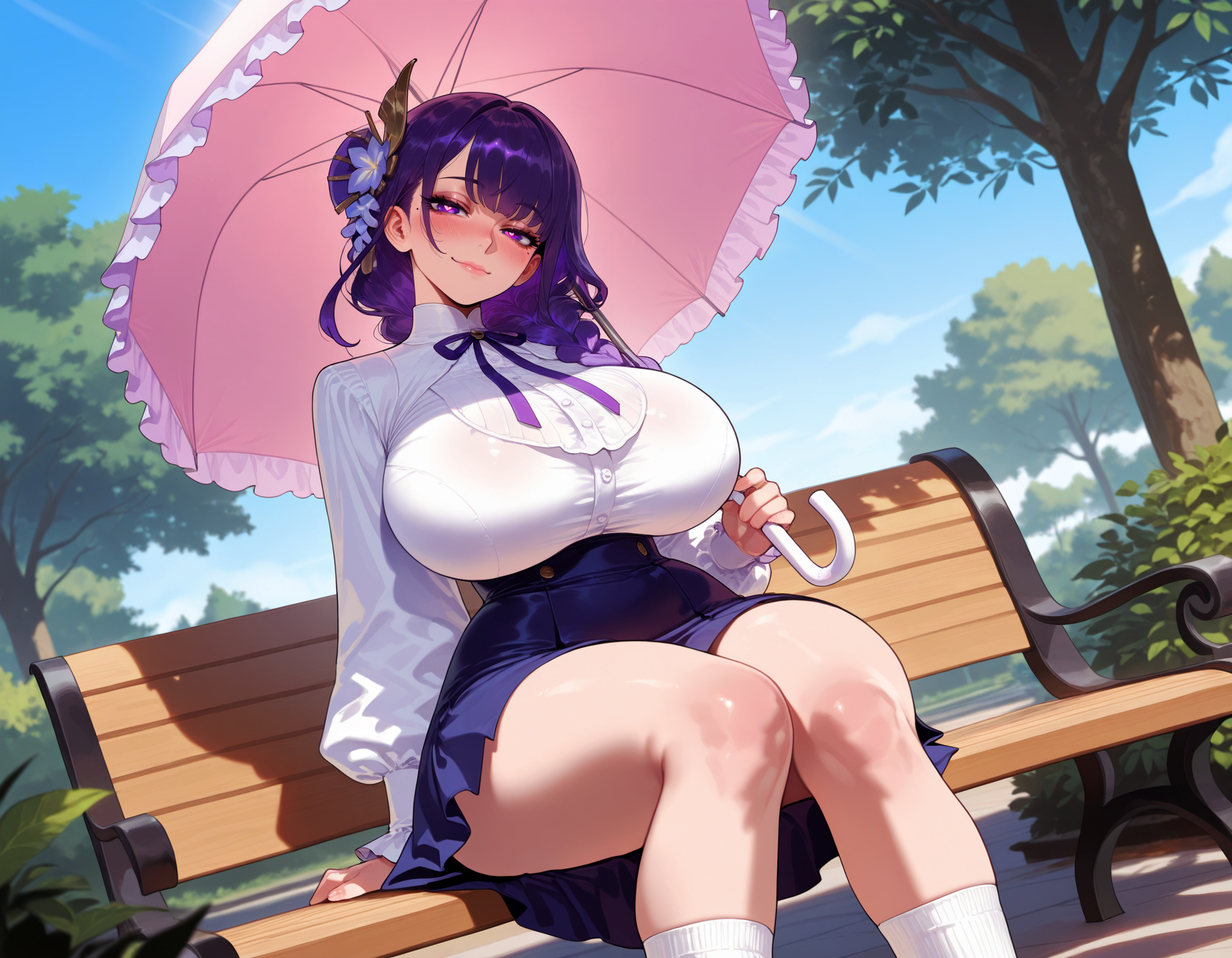 1girls, ai generated, alternate breast size, alternate costume, balecxi, bench, blue skirt, blue sky, blush, bra visible through clothes, braid, braided ponytail, breasts, bush, buttons, center frills, closed mouth, clothing, cloud, collared shirt, curvaceous, curvaceous female, curvaceous figure, curvy, curvy figure, day, female, female focus, female only, flower, frilled shirt, frills, genshin impact, hair flower, hair ornament, high-waist skirt, holding, holding umbrella, hoyoverse, huge breasts, inazuma girls, kneehighs, knees together feet apart, large breasts, lips, long hair, long sleeves, looking at viewer, miniskirt, mole, mole under eye, neck ribbon, outdoors, parasol, park bench, pink umbrella, pleated skirt, plump, puffy long sleeves, puffy sleeves, purple eyes, purple flower, purple hair, purple nails, purple ribbon, purple skirt, raiden shogun, ribbon, shirt, shirt tucked in, sitting, sitting on bench, skirt, sky, smile, socks, solo, taut clothes, taut shirt, thick thighs, thighs, tree, umbrella, voluptuous, voluptuous female, white shirt, white socks, white umbrella