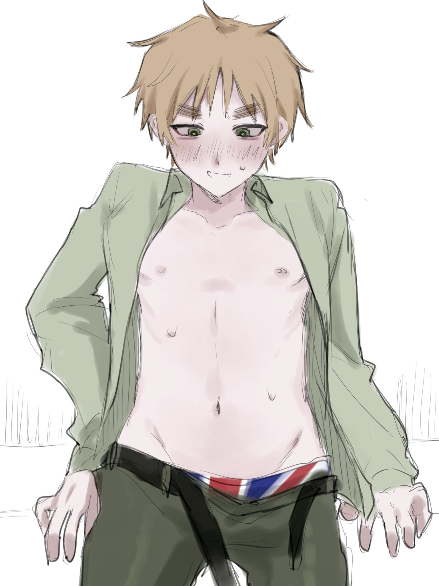 arthur kirkland, axis powers hetalia, belt, blonde hair, british, british flag, england (hetalia), flag, hetalia, male, male only, nipples, open shirt, sweat, underwear, wet skin