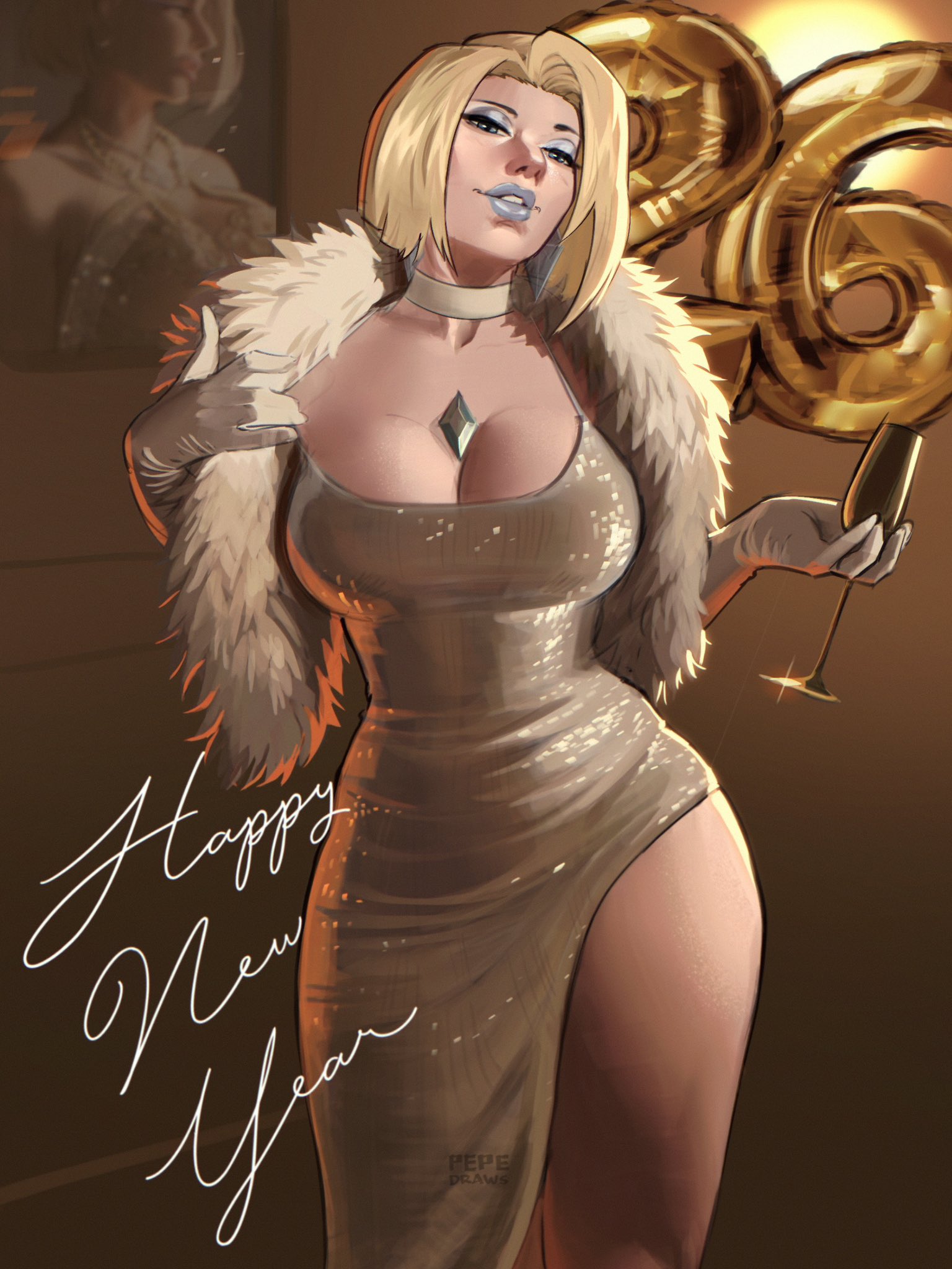 1girls, big breasts, blonde hair, blue lipstick, breasts, choker, cleavage, dress, emma frost, emma frost (marvel rivals), female, female only, fur trim, large breasts, lipstick, looking at viewer, marvel, marvel comics, marvel rivals, new year, pepedraws, short hair, solo, thighs, x-men