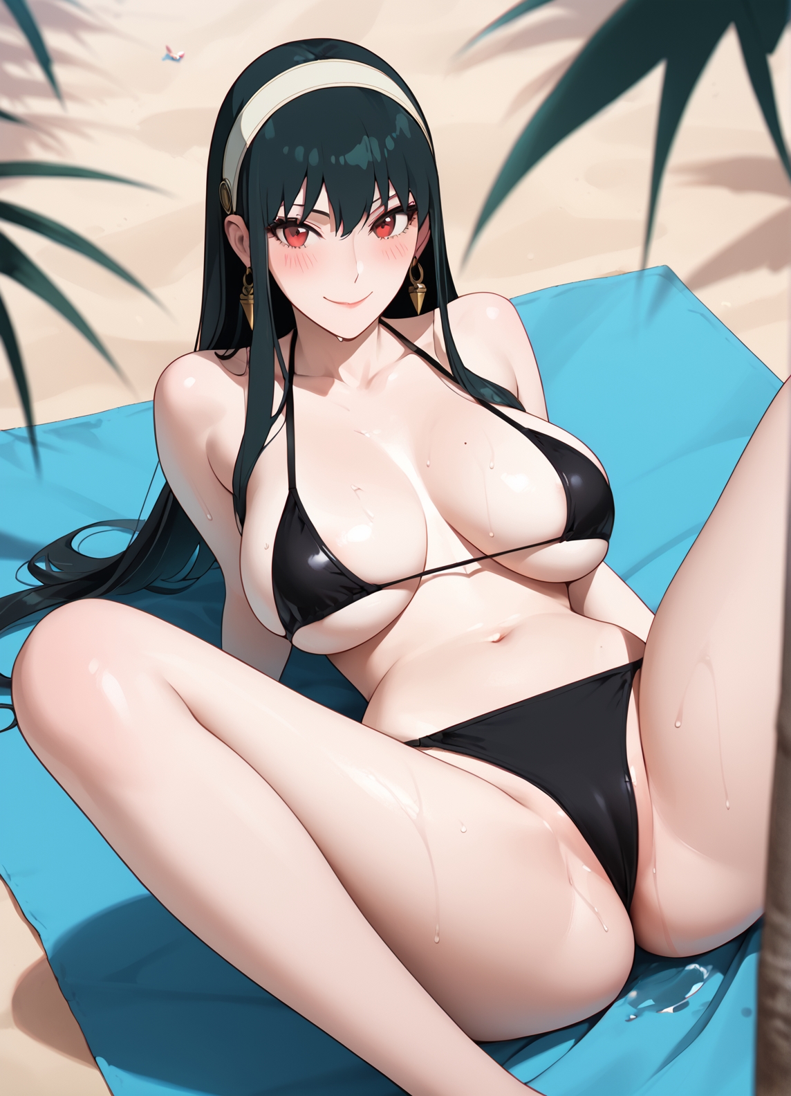 1girls, 2d, ai generated, athletic, athletic female, bare shoulders, belly, big breasts, bikini, bikini bottom, bikini top, black hair, blush, breasts, chest, curvy, curvy figure, cute, cute face, dark hair, detailed, eyelashes, eyeshadow, female, female focus, female only, fit, fit female, focus, hairband, hands behind head, hands up, high quality, image, large breasts, legs, light skin, light-skinned female, lips, lipstick, long hair, looking at viewer, makeup, mascara, mature, outdoors, outside, pale skin, pale-skinned female, red eyes, seductive, seductive look, shy, spy x family, stable diffusion, swimsuit, swimwear, tagme, tall, tall female, thighs, uncensored, yor briar, yor forger