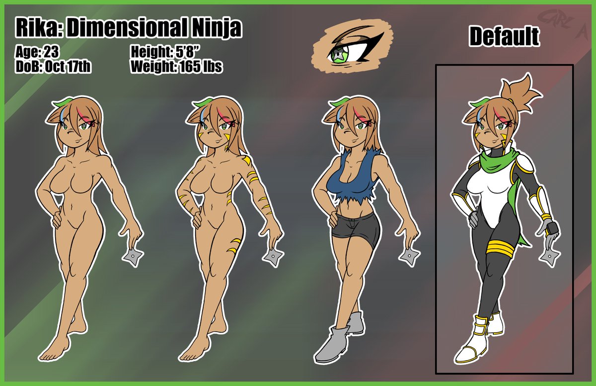 body_markings brown_hair character_sheet dark_skin green_eyes kiroxiii multicolored_hair ninja no_nipples oc original_character rika_(character) rika_dimensional_ninja shuriken topless unusual_pupils