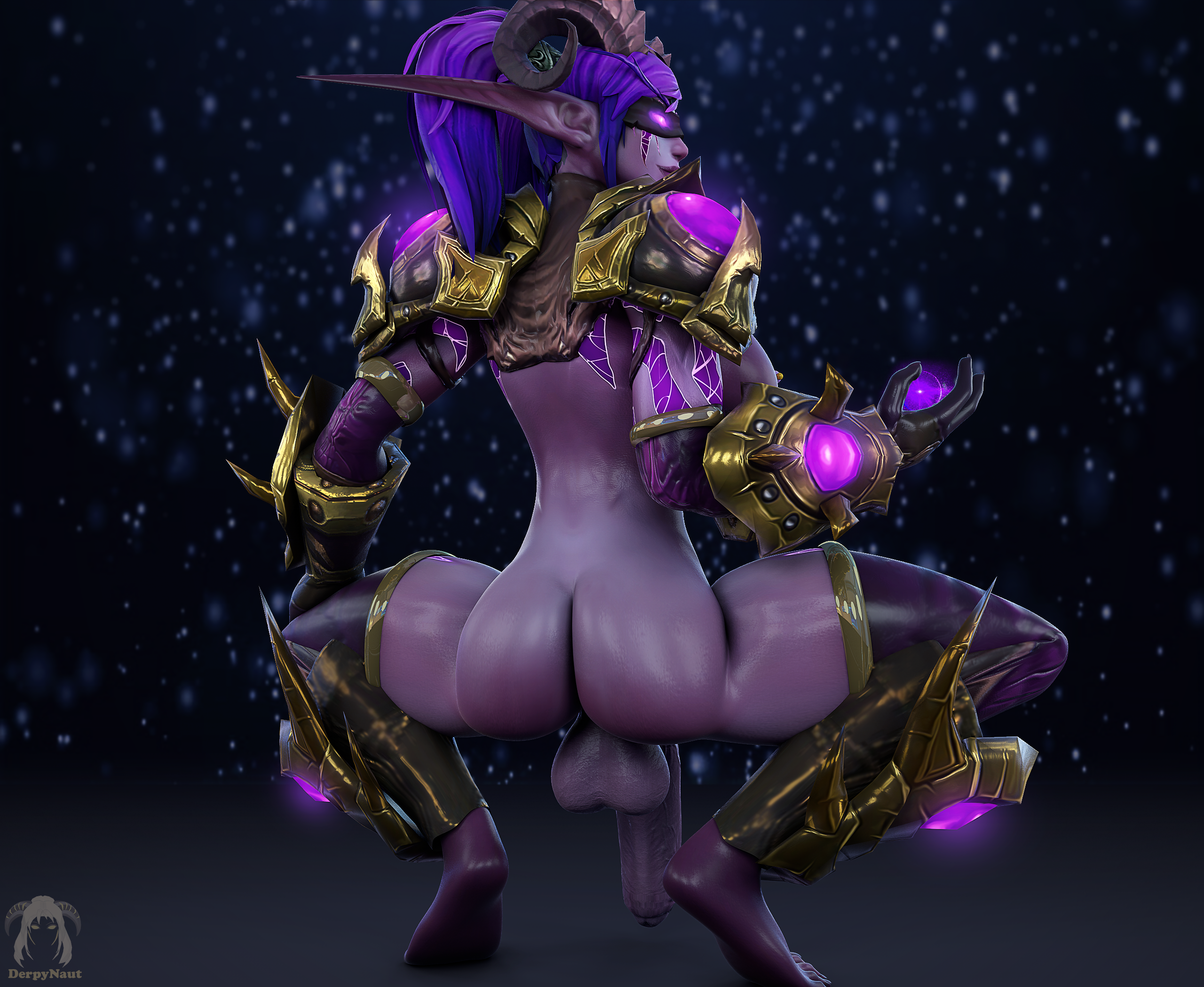 1futa, 3d, areolae, ass, balls, barefoot, big breasts, bottomless, breasts, demon hunter, derpynaut, dickgirl, elf, elf ears, elf futa, foreskin, futa only, futanari, horns, intersex, large breasts, long ears, night elf, nilania, nipple piercing, nipples, penis, piercing, purple penis, purple skin, smooth balls, solo, squatting, testicles, uncircumcised, uncut, world of warcraft