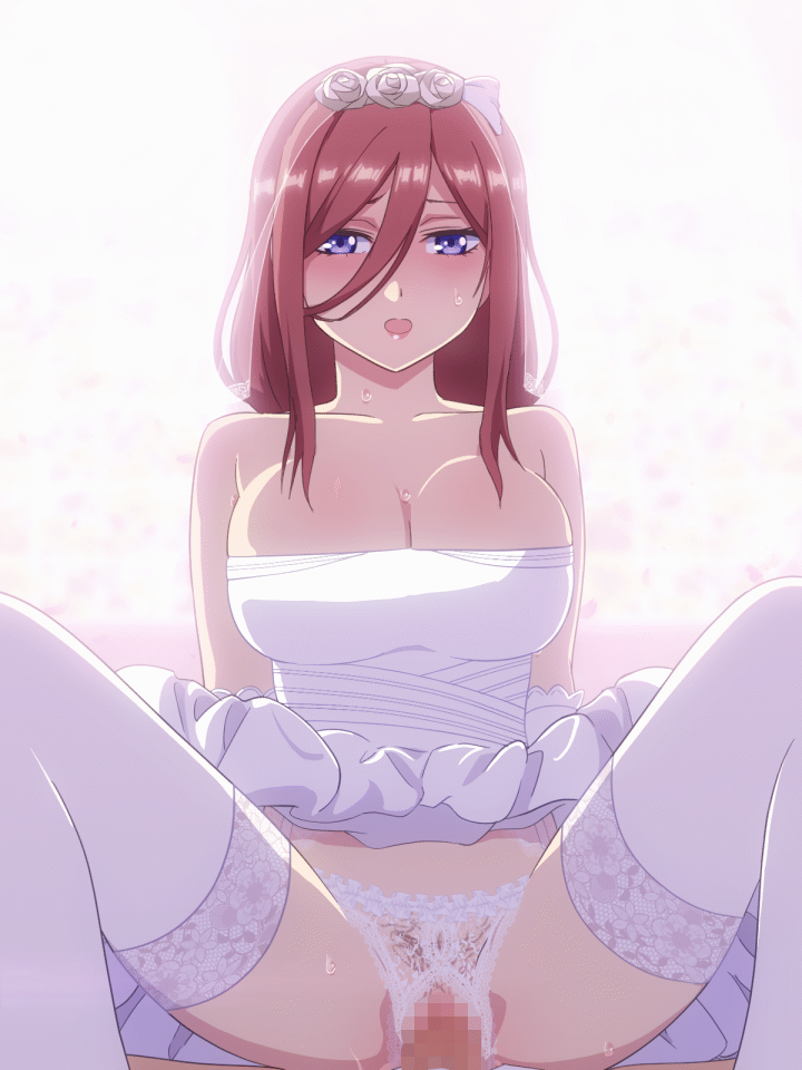 1boy, 1girls, 3:4, animated, bare shoulders, blue eyes, blush, bouncing breasts, breasts, brown hair, censored, cleavage, clothed female, clothed sex, cowgirl position, crotchless, crotchless panties, dress, female, go-toubun no hanayome, hair between eyes, huge breasts, large breasts, lingerie, long hair, male, mosaic censoring, mushiro (nijie728995), nakano miku, open mouth, penis, pov, pov eye contact, pussy, pussy juice, riding, sex, sleeveless, sleeveless dress, stockings, straight, thighhighs, vaginal penetration, vertical video, wedding dress, white legwear