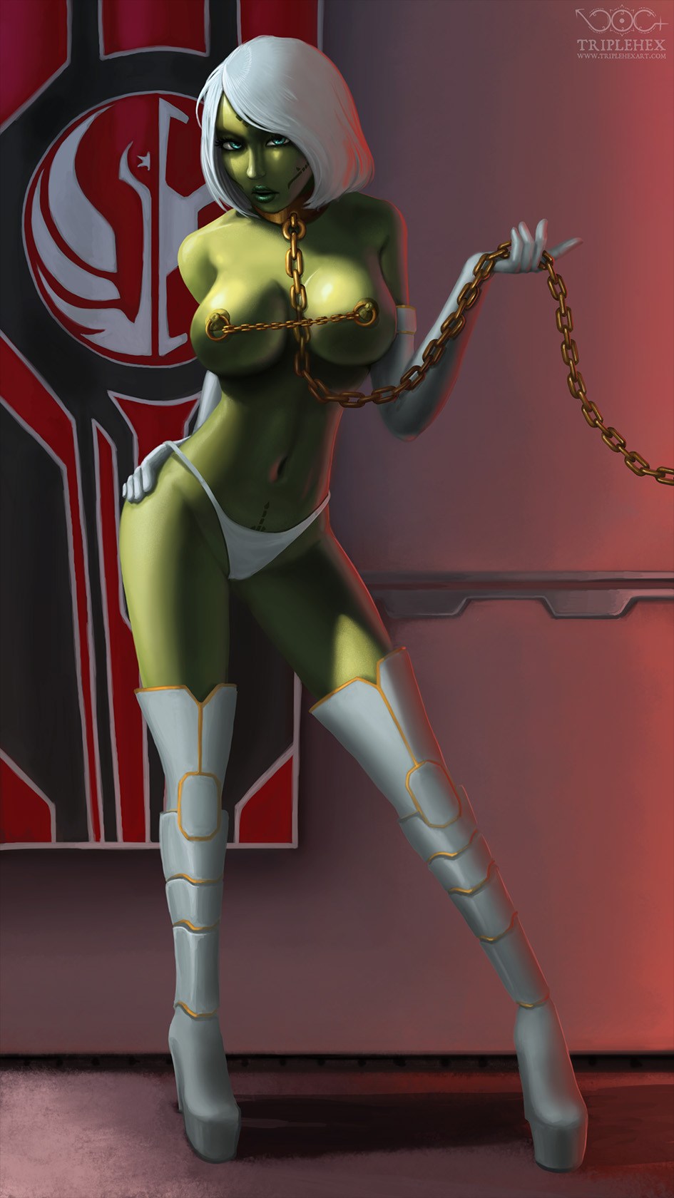 2017 bioware breasts chains collar elbow_gloves female green_eyes green_skin looking_at_viewer lucasfilm mirialan nipple_piercing nipples nyni original_character panties short_hair solo star_wars star_wars:_the_old_republic star_wars_legends thighhighs triplehex white_hair white_panties wide_hips