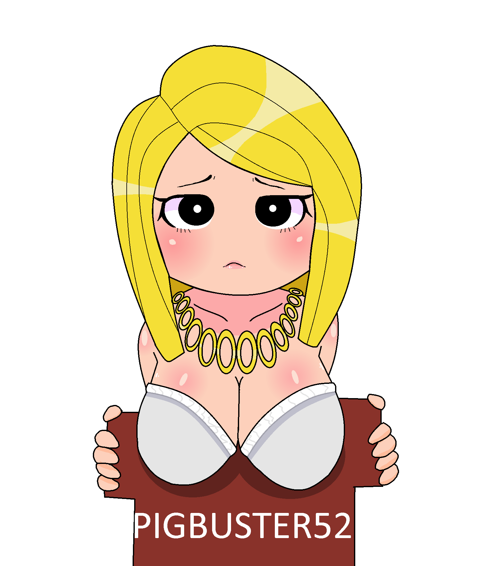 1girls, absurd res, artist request, big breasts, black eyes, blonde hair, blush, bra, breasts, character name, cleavage, collarbone, female, female only, frown, holding shirt, light skin, light-skinned female, looking at viewer, necklace, pale skin, pale-skinned female, pigbuster52, red shirt, roblox, roblox avatar, shirt, short hair, solo, solo female, t-shirt, white background, white bra
