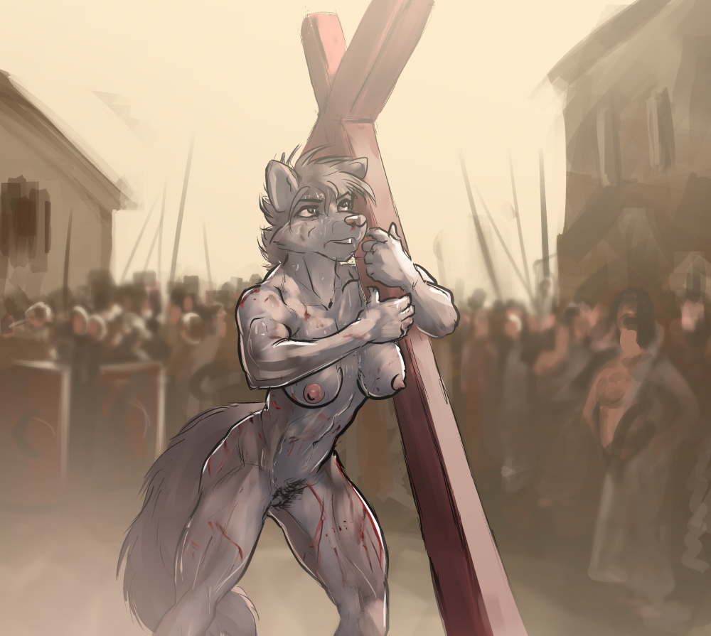 abs anthro biceps blood breasts canid canine carrying cross crowd crucifixion determination female furry furry_only generic_species hadalmartian humiliation imminent_death mammal muscular muscular_female nipples nude pubes public public_nudity pussy sweat walk_of_shame walking whip_marks whipping wounded