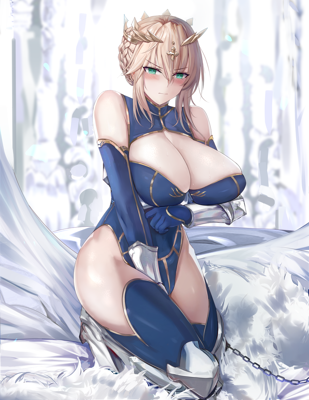 1girls, armor, armored boots, artoria pendragon, artoria pendragon (lancer), bed, blonde hair, blush, bondage, breasts, captured, chains, cleavage, cleavage cutout, covering, defeated, embarrassed, fate (series), fate/grand order, female, female only, femsub, huge breasts, impossible clothes, kneeling, looking at viewer, misaka 12003-gou, solo