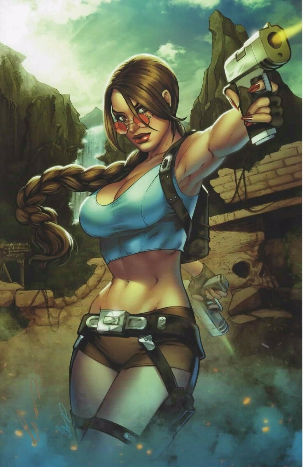 1girls, action pose, belt, big breasts, blue shirt, braid, braided hair, breasts, brown eyes, brown hair, brown shorts, busty, cleavage, clothed, crop top, dual wielding, elias chatzoudis, female, female only, firearm, glasses, gun, handgun, holding gun, holding weapon, hot pants, lara croft, lara croft (classic), large breasts, leg band, lipstick, long hair, looking over eyewear, looking over glasses, nail polish, navel, pinup, red lips, red lipstick, red nail polish, red nails, red-tinted eyewear, shirt, short shirt, short shorts, shorts, solo, sunglasses, tinted eyewear, tomb raider, tomb raider (classic), waterfall, weapon