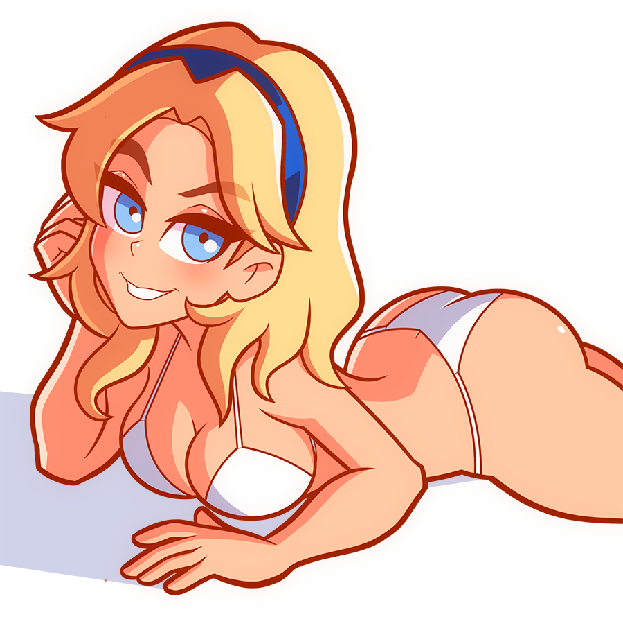 1girls, ass, big ass, bikini, blonde hair, blue eyes, breasts, chemical bro, curvy, female, large breasts, league of legends, looking at viewer, luxanna crownguard, solo