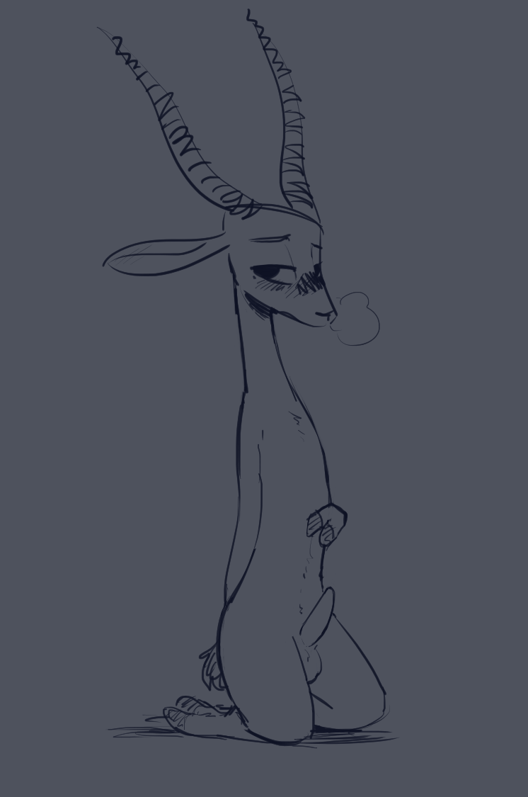 2018 antelope anthro balls bedroom_eyes blue_theme blush bovid breath erection facial_markings fuel_(artist) fuel_(character) gazelle grey_background half-closed_eyes horn kneeling looking_at_viewer male male_only mammal markings monochrome nude seductive simple_background solo