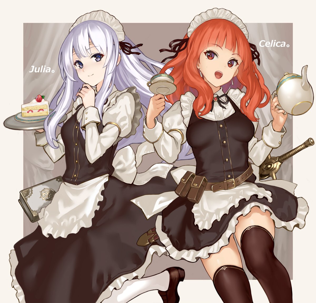 2girls alternative_costume belt belt_pouch book cake celica_(fire_emblem) character_name circlet closed_mouth cup female female_only fire_emblem fire_emblem:_genealogy_of_the_holy_war fire_emblem_echoes:_shadows_of_valentia fire_emblem_gaiden food hiyashiru holding holding_plate holding_teapot julia_(fire_emblem) long_hair long_sleeves maid maid_headdress open_mouth plate pouch purple_eyes purple_hair red_eyes red_hair scabbard sheathed slice_of_cake smile sword teacup teapot thighhighs weapon white_hair white_legwear