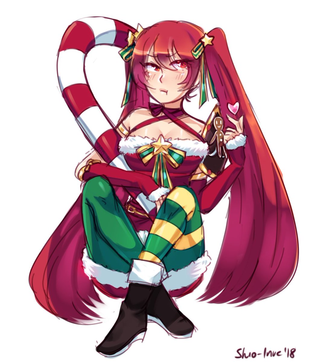 blush candy candy_cane christmas christmas_outfit female fire_emblem fire_emblem_awakening fire_emblem_heroes gingerbread_man heart long_hair medium_breasts pout pouting red_eyes red_hair ribbon severa_(fire_emblem) shio_inue simple_background smile smirk solo twintails