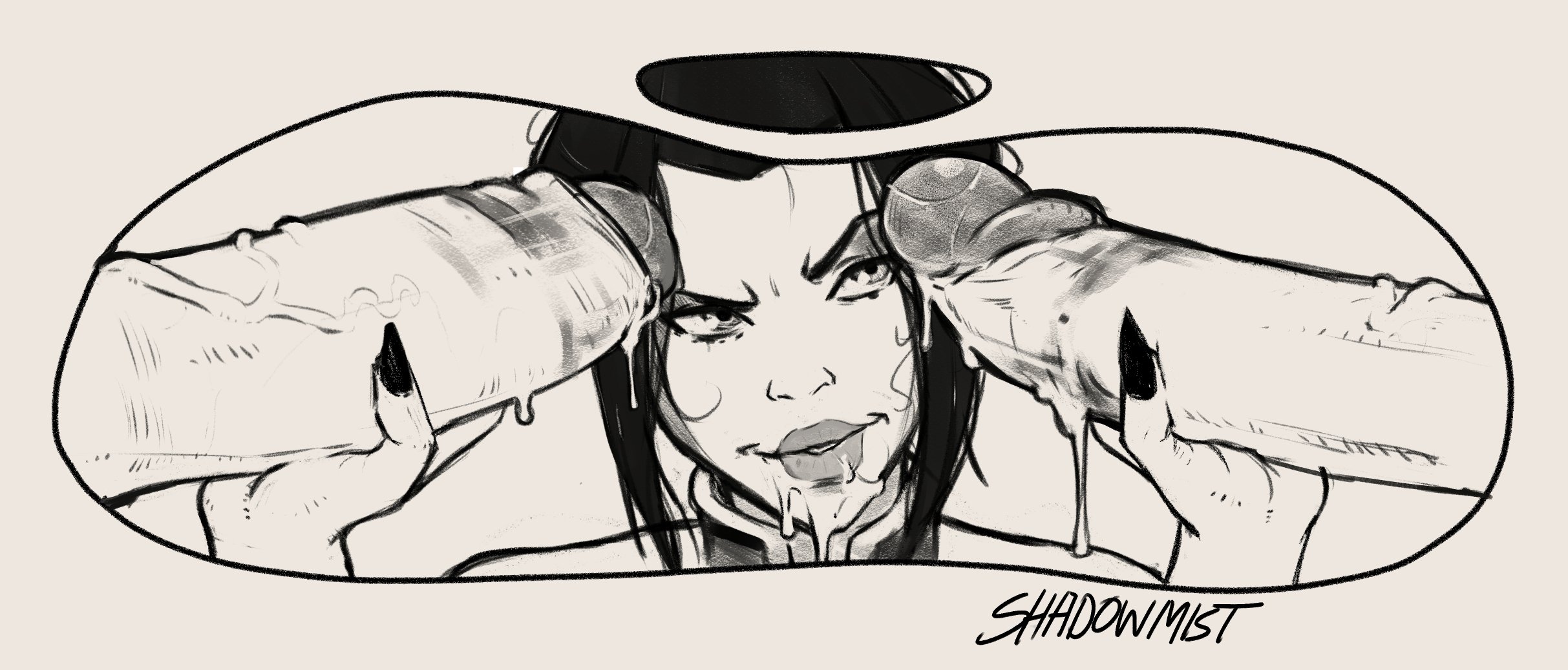 avatar the last airbender, azula, cum, double handjob, erection, facial, female, foreskin, handjob, huge cock, lips, lipstick, lipstick on penis, long penis, male, monochrome, multiple penises, penis, shadowmist, sharp fingernails, solo, straight, threesome, uncircumcised, unseen male face