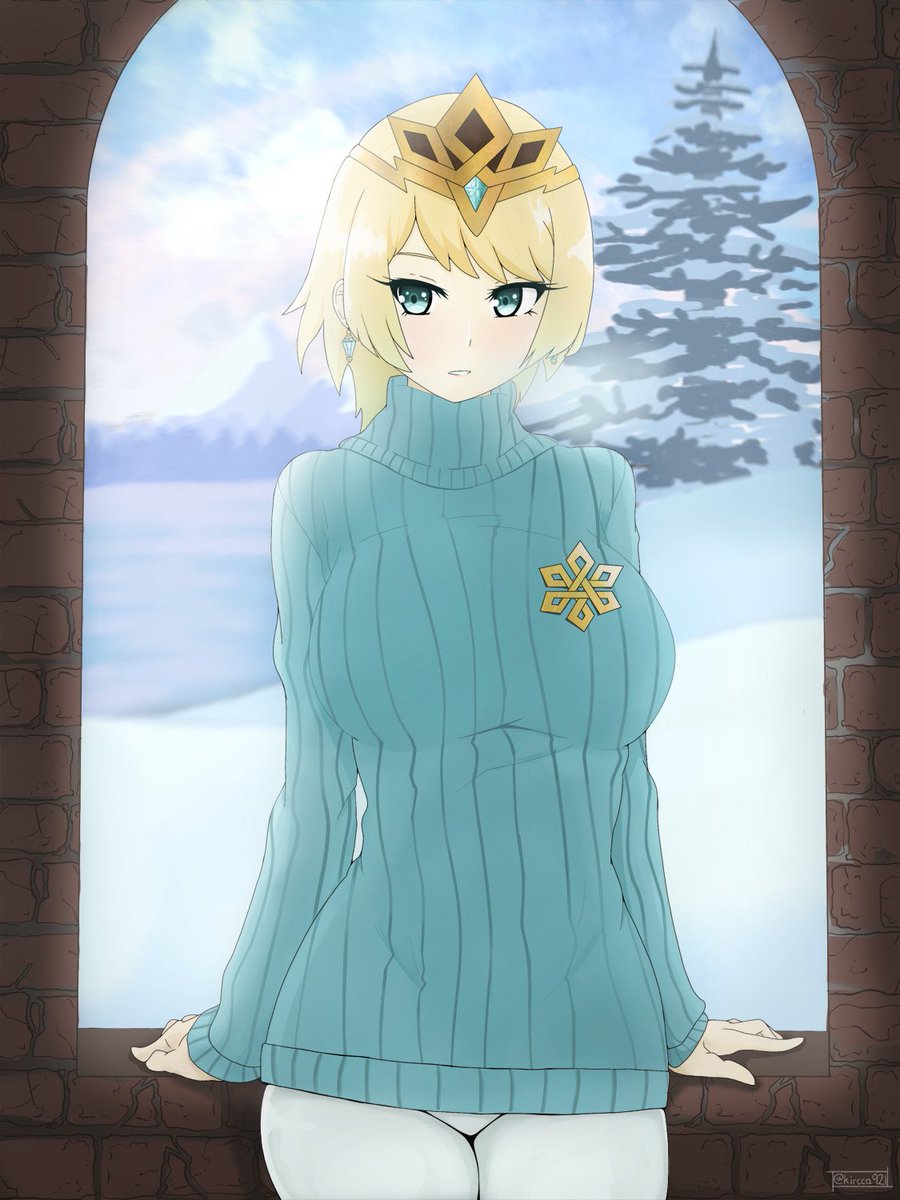 big thighs, blonde hair, blush, breasts, earrings, female, fire emblem, fire emblem heroes, fjorm (fire emblem), green eyes, huge breasts, jewelry, large breasts, pale skin, princess, short hair, smile, snow, solo, sweater, tiara, tree, wide hips, window, winter