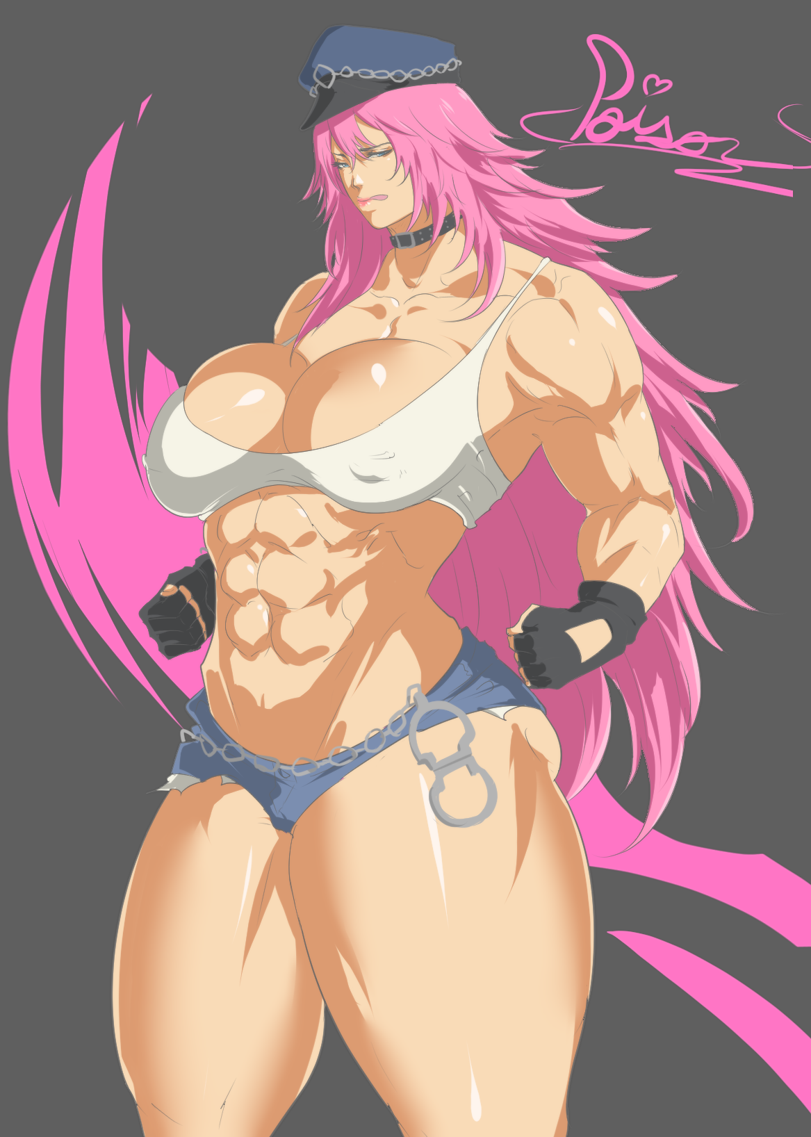 :q, 1girls, 2019, abs, biceps, big breasts, big thighs, blue eyes, breasts, capcom, collar, eyebrows, eyelashes, female, female only, final fight, fingerless gloves, gloves, hair, half-closed eyes, hat, huge breasts, huge thighs, large breasts, lips, lipstick, long hair, looking at viewer, muscular, muscular female, muscular thighs, pink hair, pink lips, pink lipstick, poison (final fight), shiny, shiny skin, short shorts, solo, street fighter, tenchizone, thick thighs, thighs, tongue, very long hair