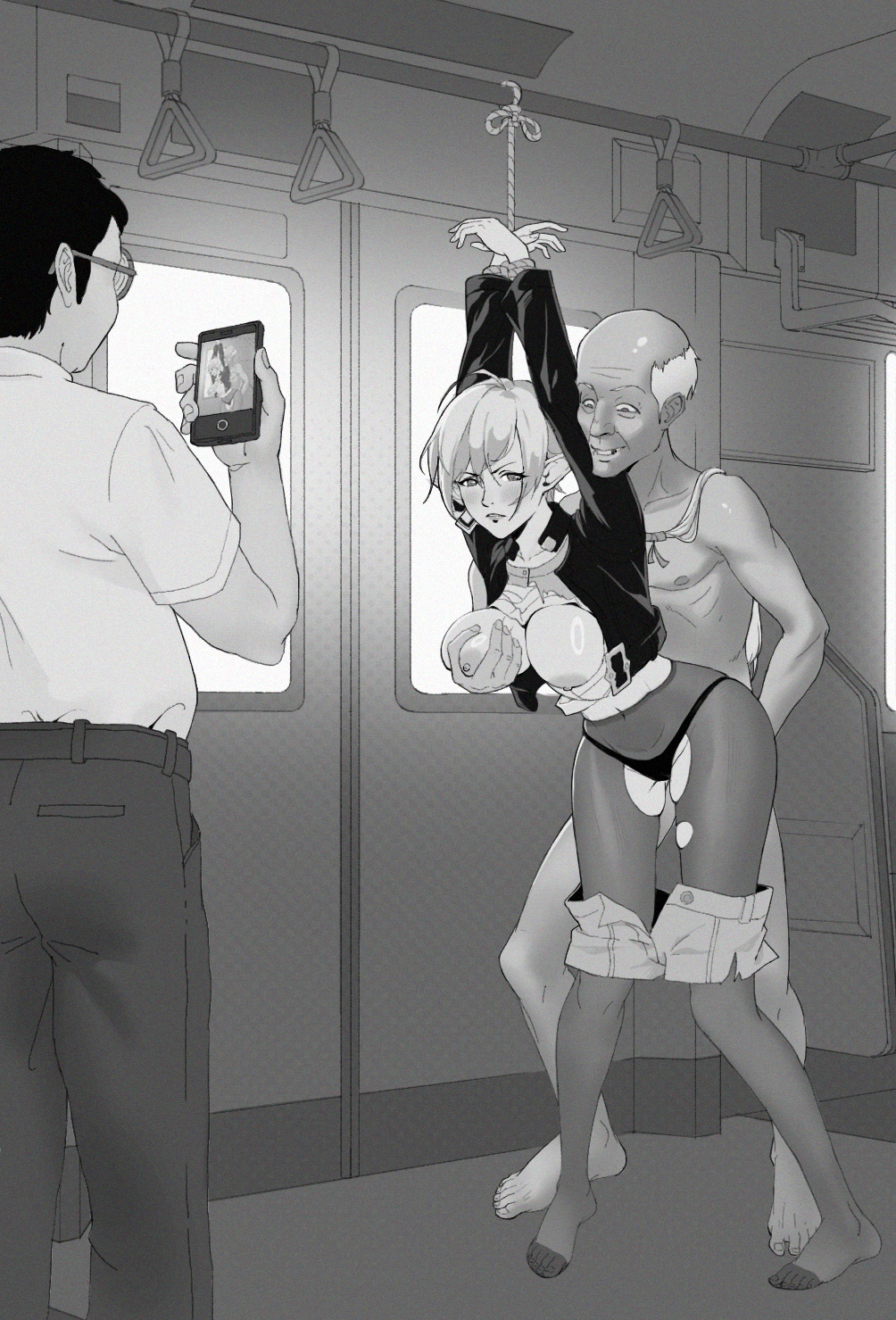 1girls 2boys alisaie_leveilleur artist_request bald breasts defeated earrings elezen elf elf_ears elf_female elf_girl female final_fantasy final_fantasy_xiv fondling fondling_breast glasses greyscale male old_man older_male older_man_and_teenage_girl panties pantyhose rape recording square_enix tied_up train train_interior undressing