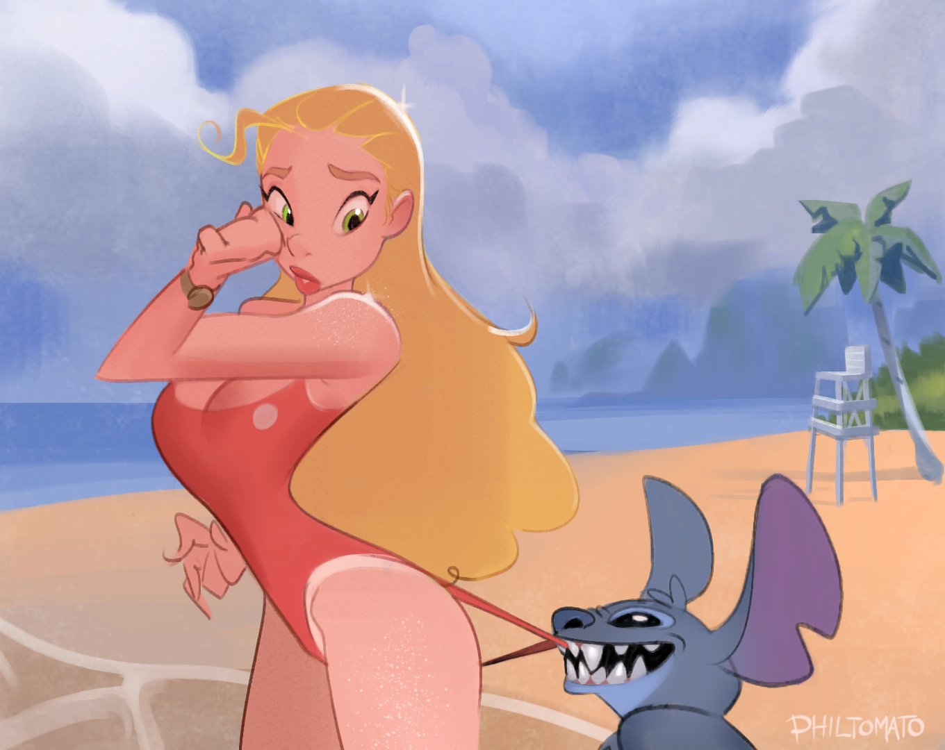 1girls beach creature disney lifeguard lifeguard_(lilo_and_stitch) lilo_and_stitch one-piece_swimsuit philtomato stitch