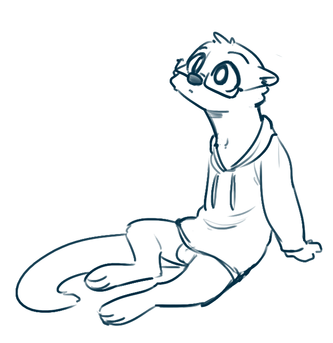 10s 2019 anthro arm_support balls blue_and_white bottomless cheek_tuft clothed clothing eyewear fuel_(artist) glasses head_tuft lutrine male male_only mammal monochrome mustelid otterly_(character) simple_background sitting solo tuft white_background