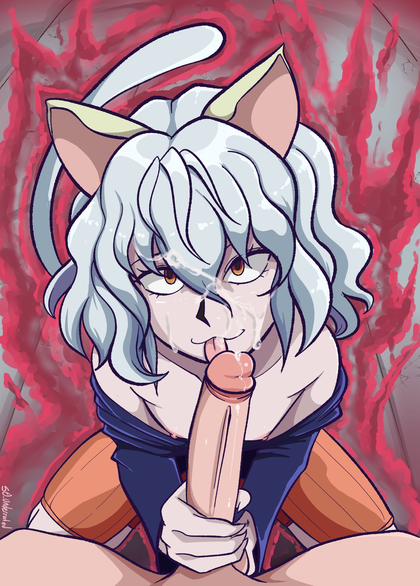 animal ears, cat ears, cock, cum, dick, ejaculation, genitals, hair between eyes, hunter x hunter, licking lips, looking at viewer, neferpitou, orgasm, penis, s0 underrated, semen, tail, tongue, tongue out