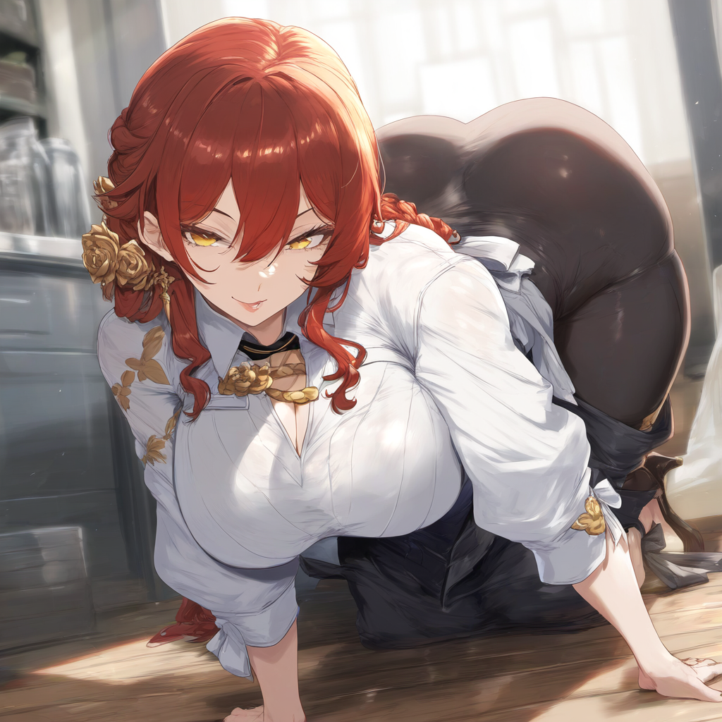 ai_generated big_ass big_breasts cleavage floor himeko_(honkai:_star_rail) honkai:_star_rail jaygoats kitchen looking_at_viewer on_all_fours red_hair seductive_eyes seductive_look seductive_smile smile thick_thighs