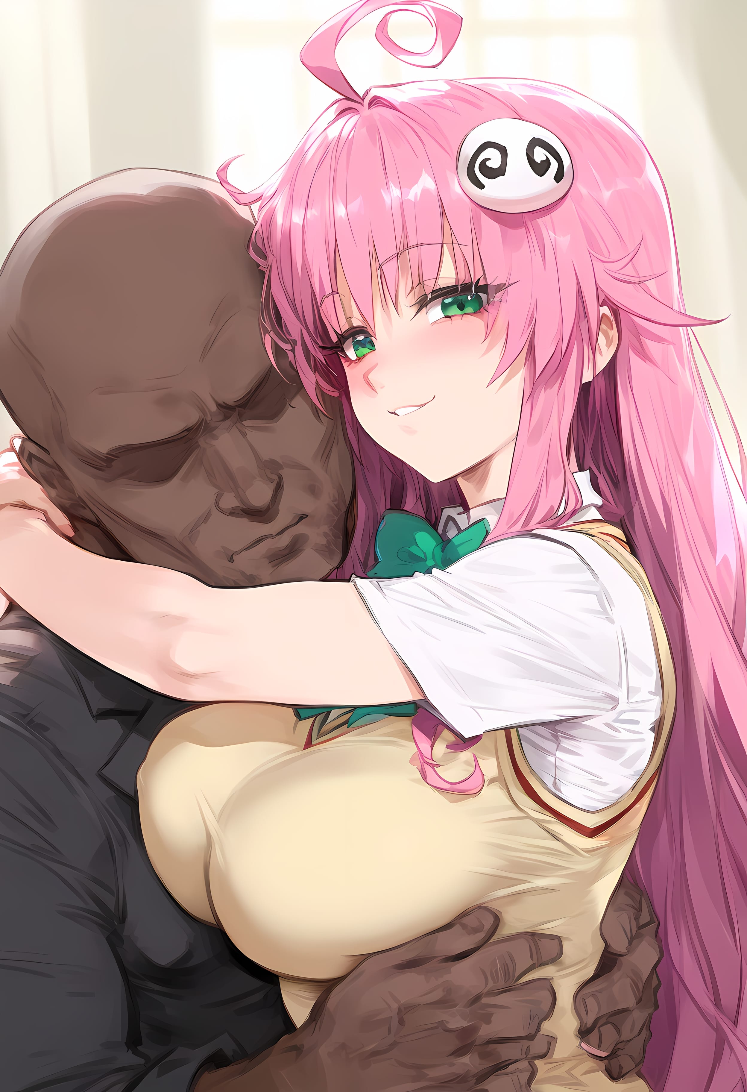 1boy, 1girls, ahoge, ai generated, bangs, blush, bow, bowtie, breast press, breasts, clothing, collared shirt, completely nude, curvaceous, curvaceous female, curvaceous figure, curvy, curvy figure, dark skin, dark-skinned male, female, female focus, green bow, green eyes, groping, hair ornament, hug, indoors, interracial, lala satalin deviluke, large breasts, long hair, looking at viewer, male, nakatori, neckwear, nude, parted lips, pink hair, school uniform, shirt, short sleeves, smile, straight, sweater vest, to love-ru, to love-ru darkness, uniform, upper body, vest, voluptuous, voluptuous female, white shirt, yellow vest