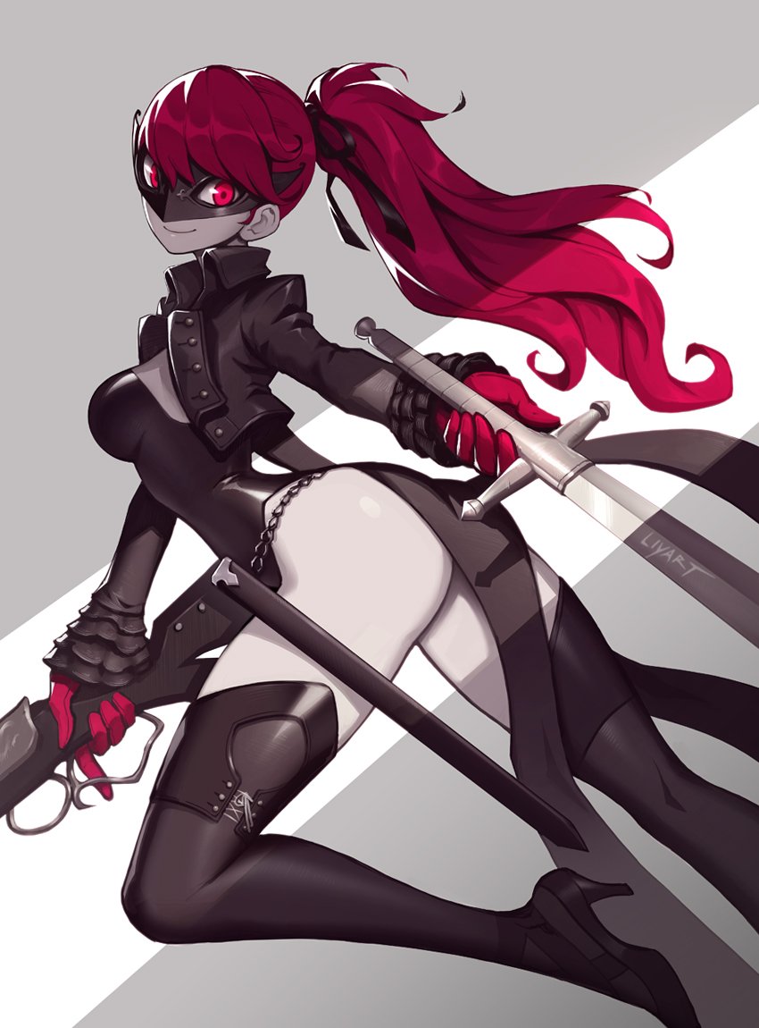 1girls, ass, big ass, breasts, female, female only, hair, kasumi yoshizawa, leather jacket, liyart, long hair, mask, persona, persona 5, persona 5 royal, phantom thief suit, ponytail, red eyes, red hair, ribbon, sumire yoshizawa, sword, thighhighs, thighs, tights