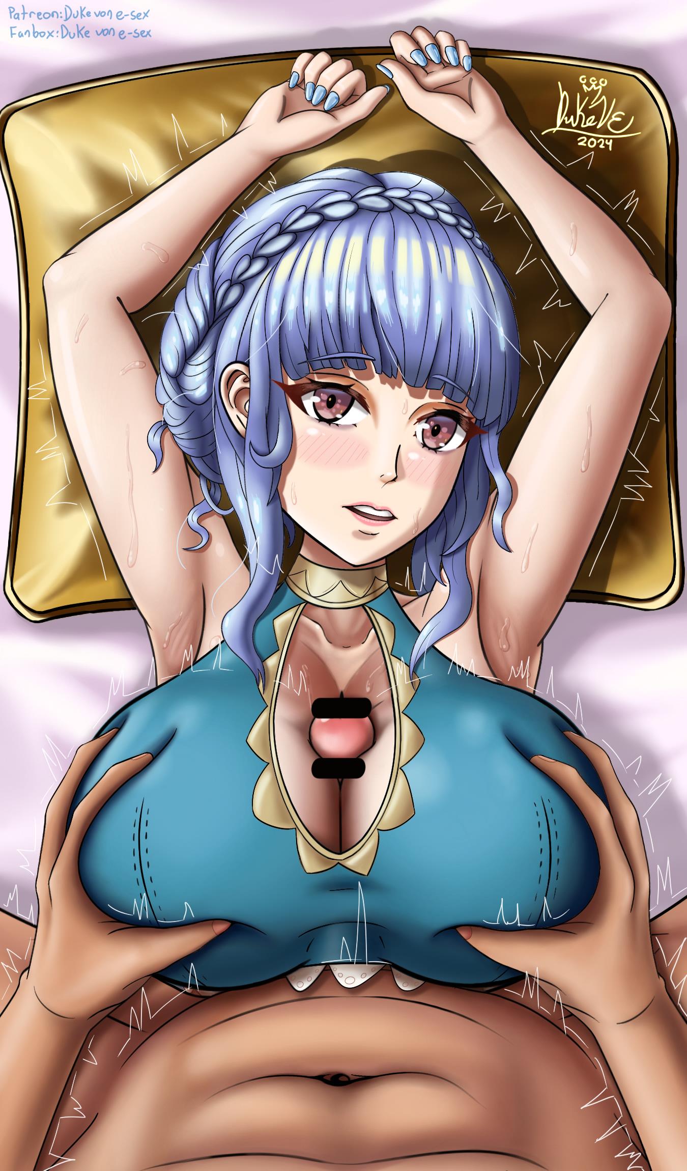 1boy 1girls alternate_costume armpits arms_up bare_arms bare_midriff bed bikini blue_bikini blue_hair blue_nails blue_swimsuit braid breast_grab breasts brown_eyes censored choker cleavage deep_skin double_breast_grab duke_von_e-sex female female_focus fire_emblem fire_emblem:_three_houses fire_emblem_heroes groping highres huge_breasts light_blue_hair looking_at_viewer male male_pov marianne_von_edmund marianne_von_edmund_(summer) midriff nail_polish navel nintendo official_alternate_costume on_back on_bed open_mouth paizuri penis pillow pov short_hair sidelocks solo_focus sweat sweaty swimsuit tip_peeking trembling upper_body