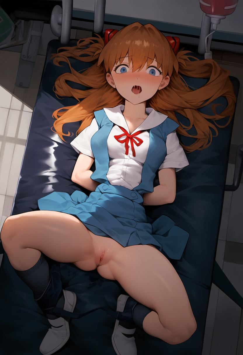 ai_generated asuka_langley_sohryu blue_eyes bondage drool excessive_saliva neon_genesis_evangelion no_panties on_back rape_victim restrained school_uniform